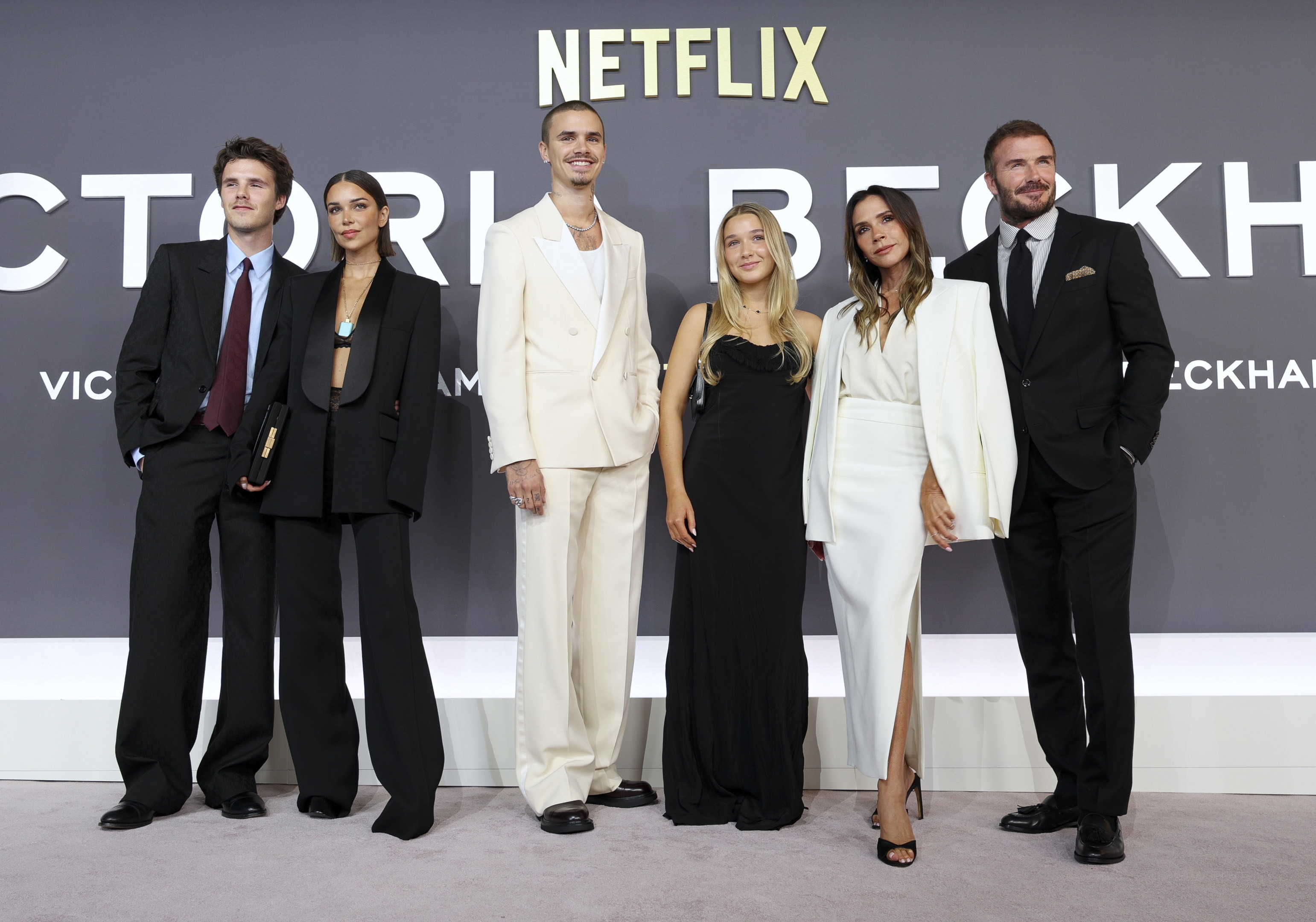 LONDON, ENGLAND - OCTOBER 08: Cruz Beckham, Jackie Apostel, Romeo Beckham, Harper Beckham, Victoria Beckham and David Beckham attend the "Victoria Beckham" World Premiere at the Curzon Mayfair on October 08, 2025 in London, England. (Photo by Mike Marsland/WireImage)