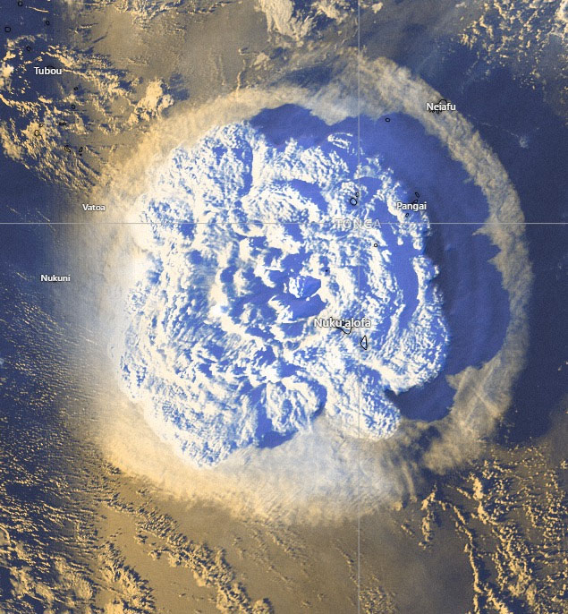 A satellite image of the Hunga-Tonga-Hunga-Ha'apai volcanic eruption