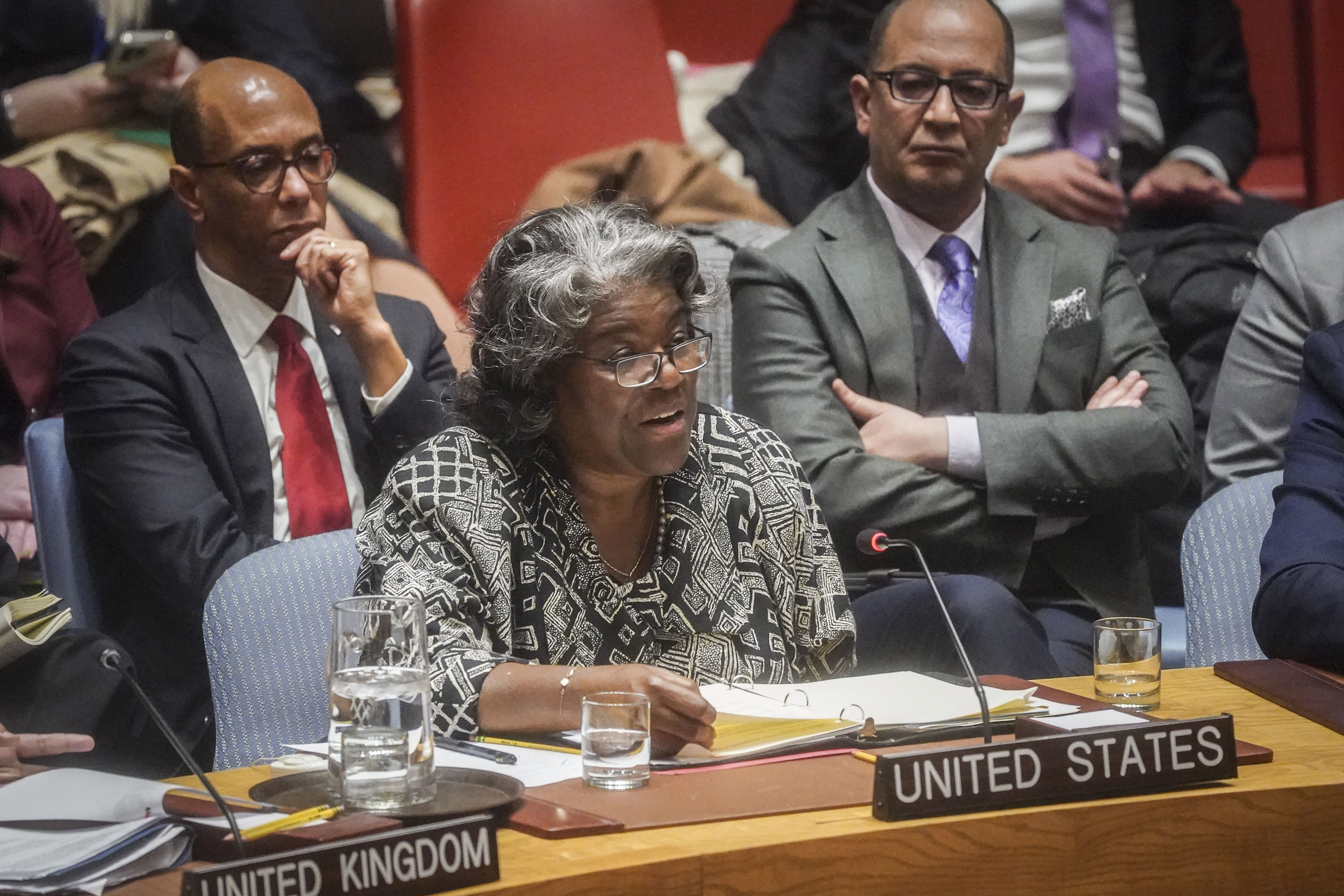 US United Nations Ambassador Linda Thomas-Greenfield, center, addresses a meeting of the United Nations Security Council on the war in Gaza, on March 11, 2024, at UN headquarters. 