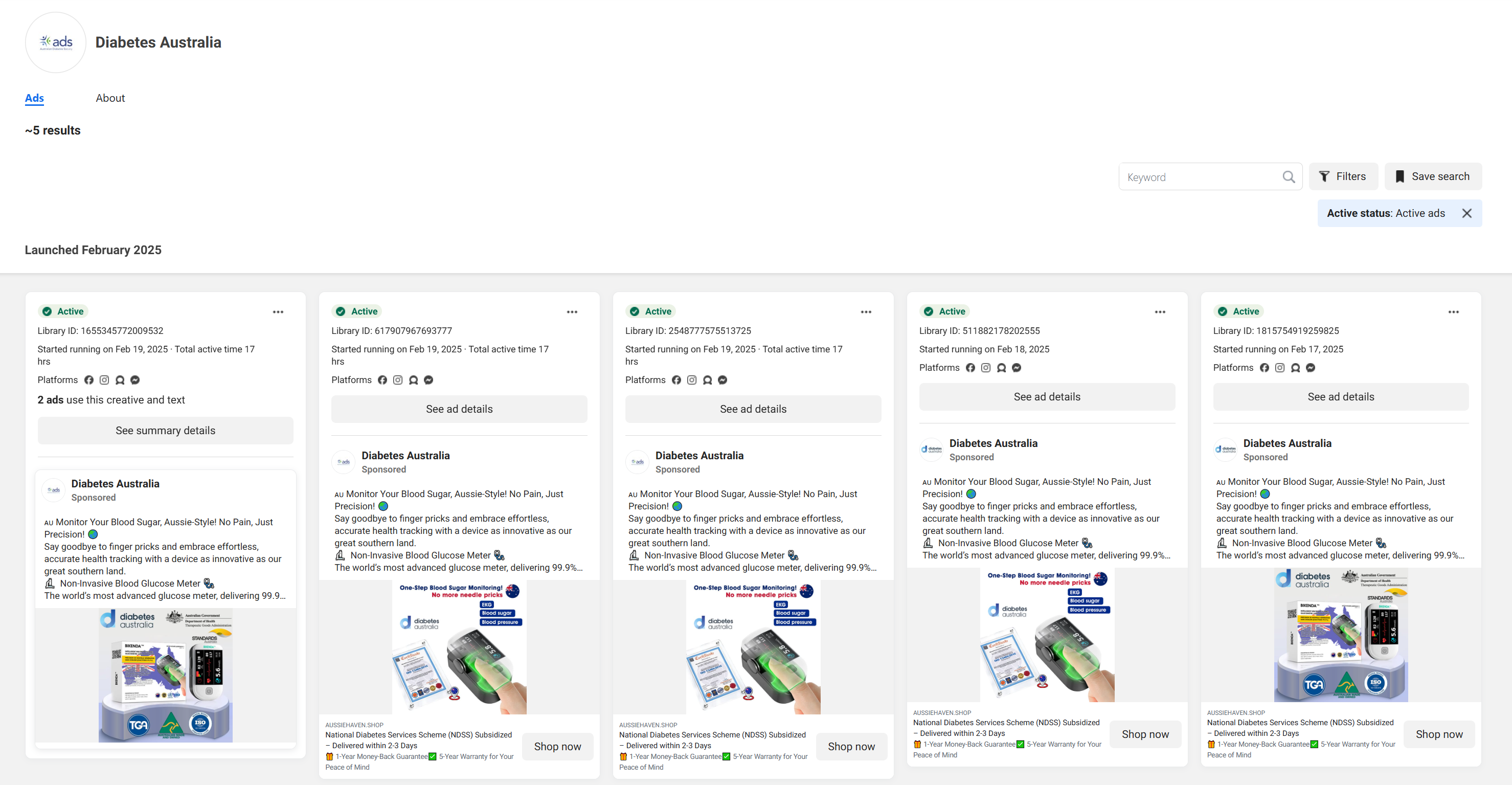 A screenshot of five Facebook ads for glucometers that redirect to the same site where Hibbs was scammed.