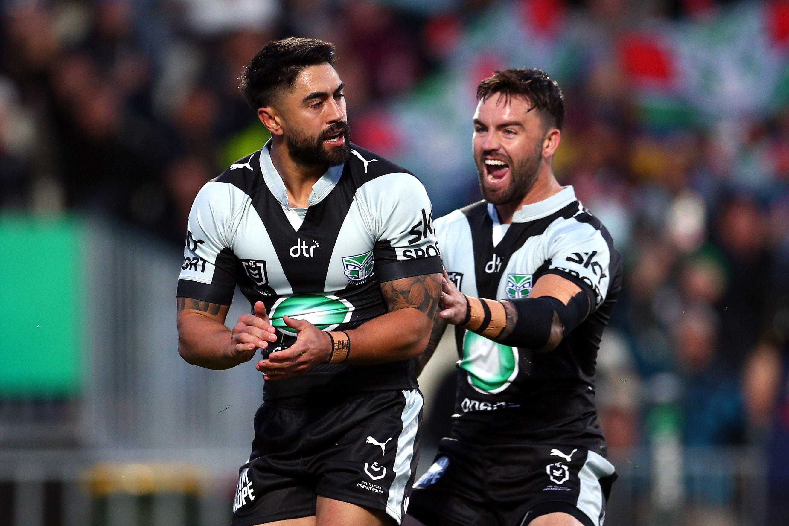 Tolutau Koula of the Sea Eagles is tackled by Cody Walker of the Rabbitohs  during the NRL Round 4 match between the South Sydney Rabbitohs and the  Manly-Warringah Sea Eagles at ACCOR