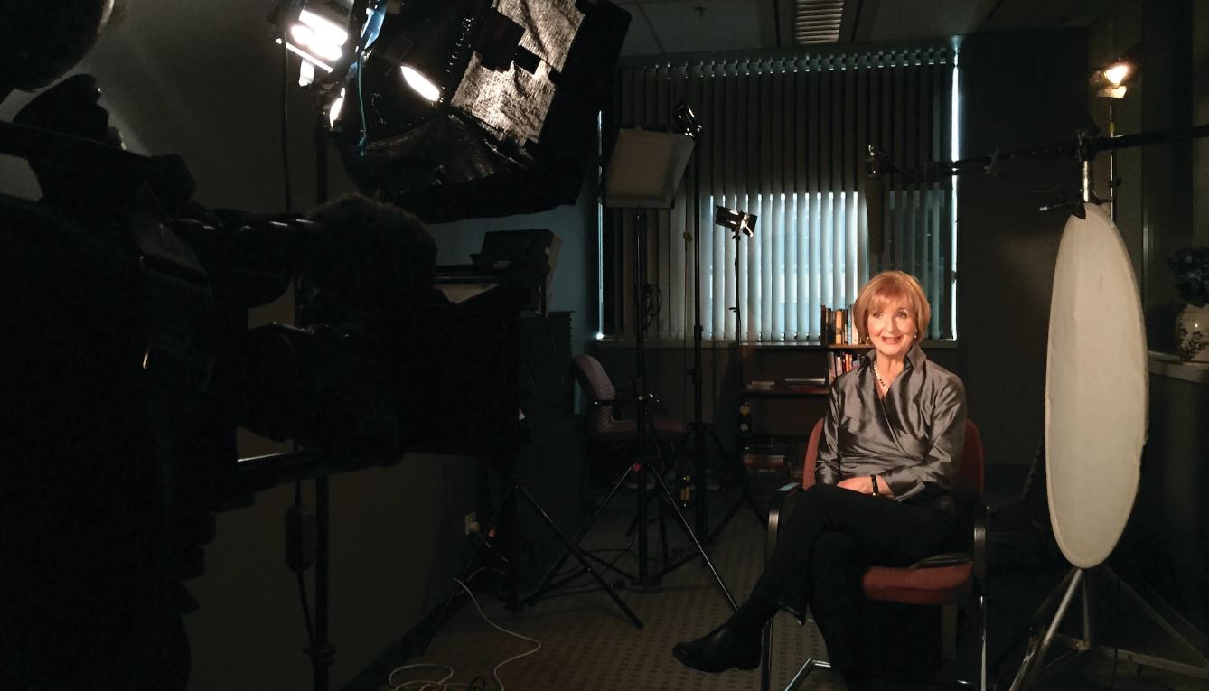 Behind the scenes with Caroline Jones filming an Australian Story introduction in 2016.