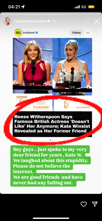 Reese Witherspoon responds to rumours about a fall out with Kate Winslet