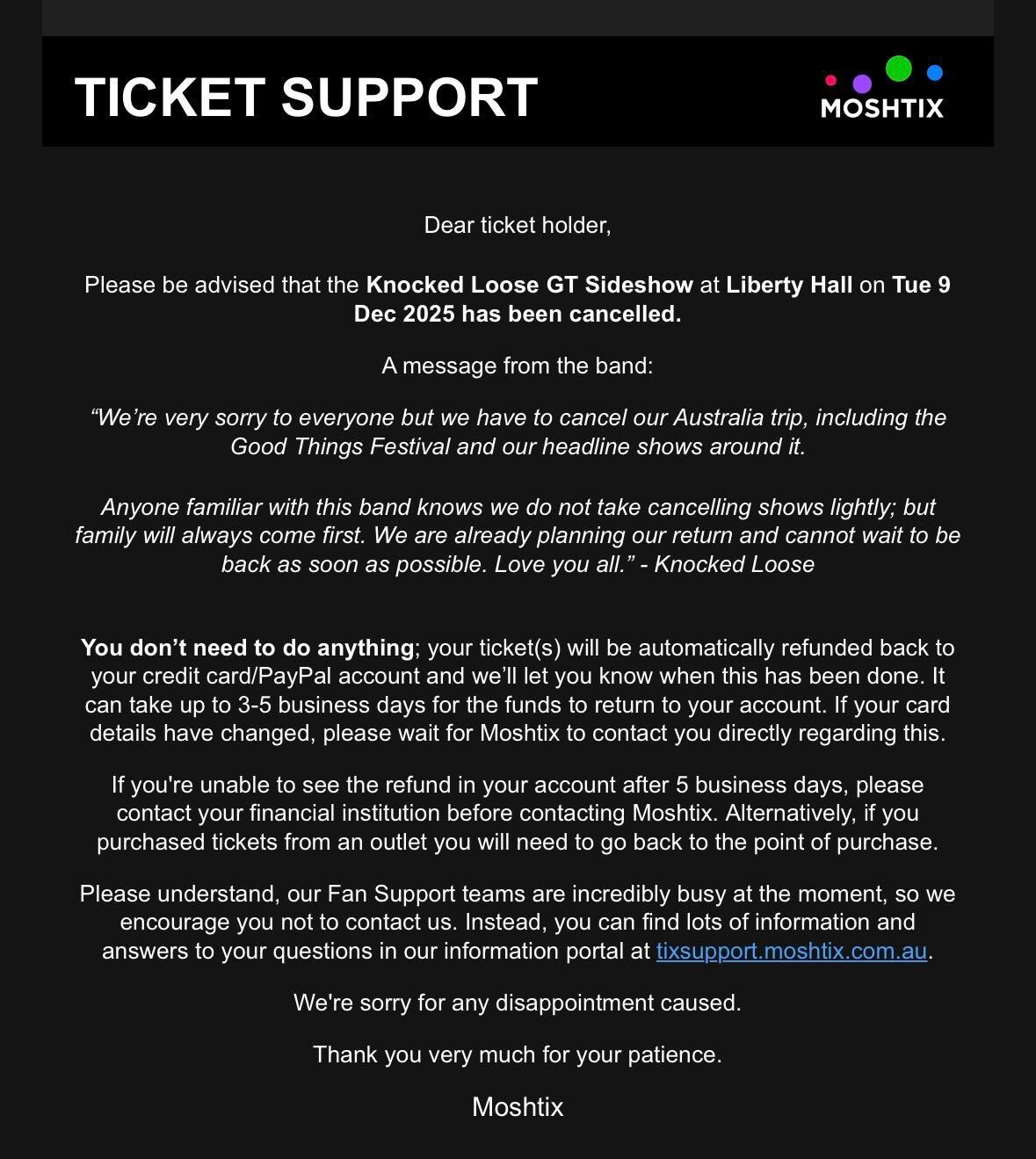 A screenshot of the email sent to a ticketholder for the Sydney Knocked Loose headline show.