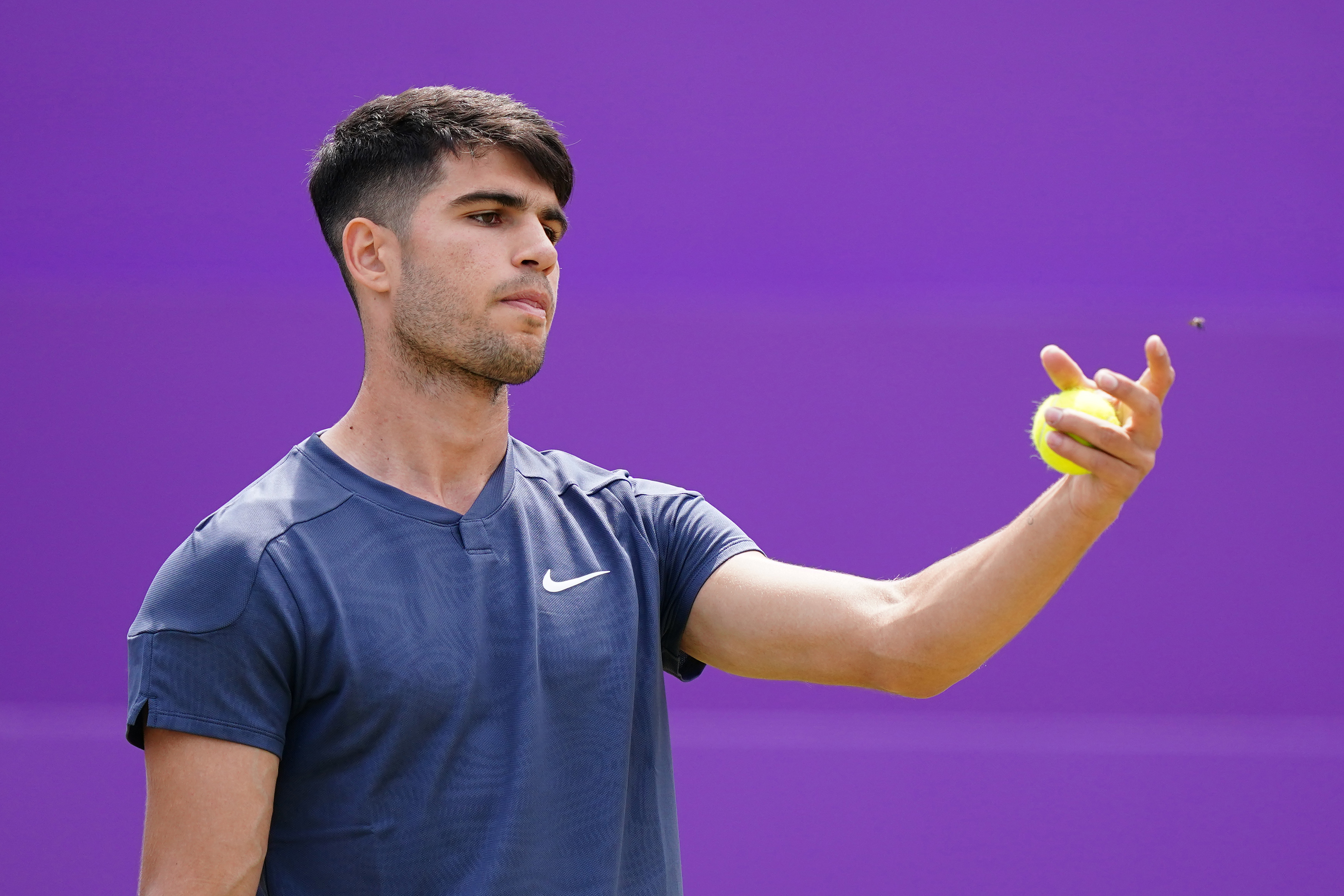 Carlos Alcaraz is distracted by an insect during his match against Jack Draper (not pictured) on day six of the cinch Championships at The Queen's Club, London. Picture date: Thursday June 20, 2024. (Photo by Zac Goodwin/PA Images via Getty Images)