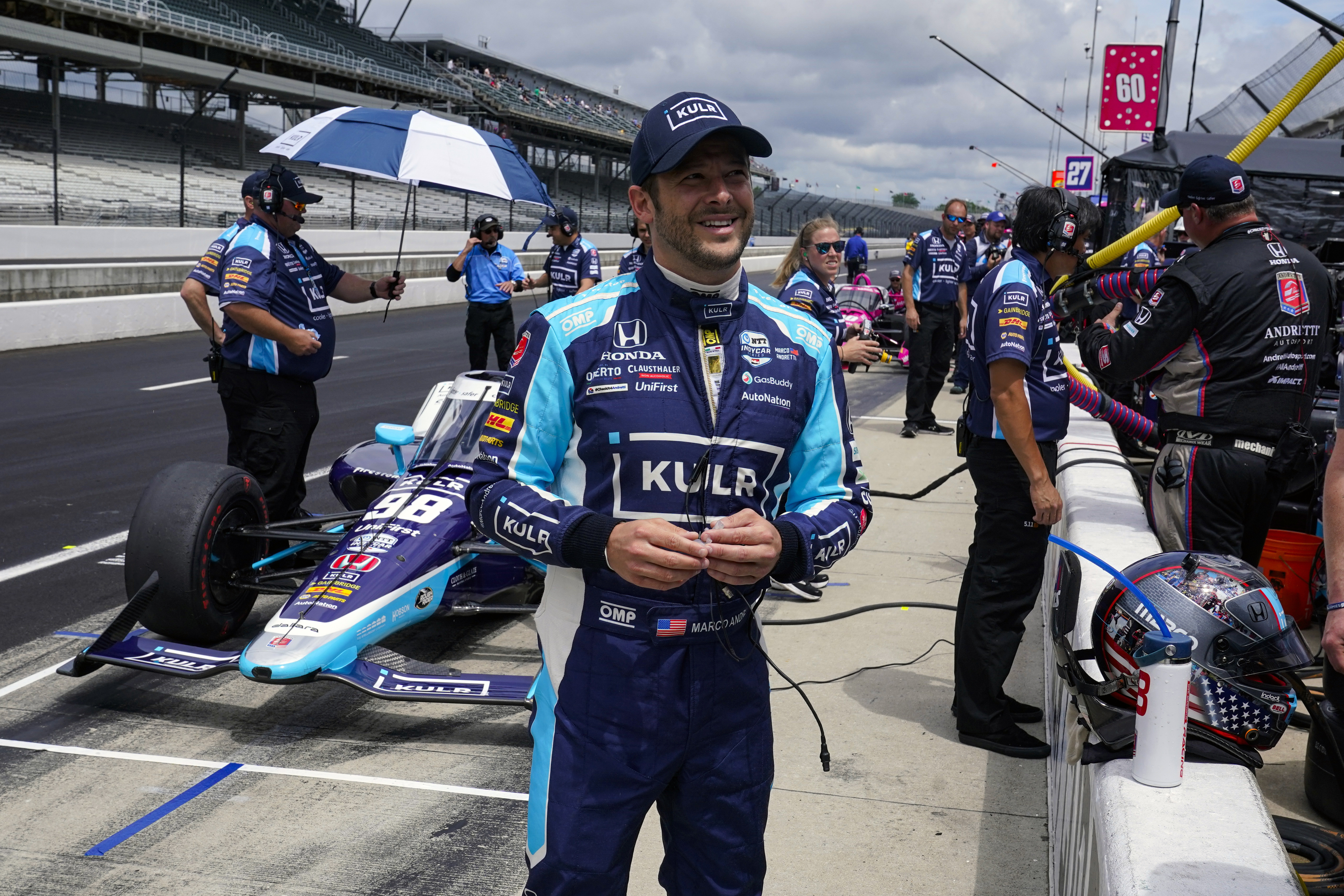 Marco Andretti waits for the start of the final practice for the Indianapolis 500 auto race at Indianapolis Motor Speedway.