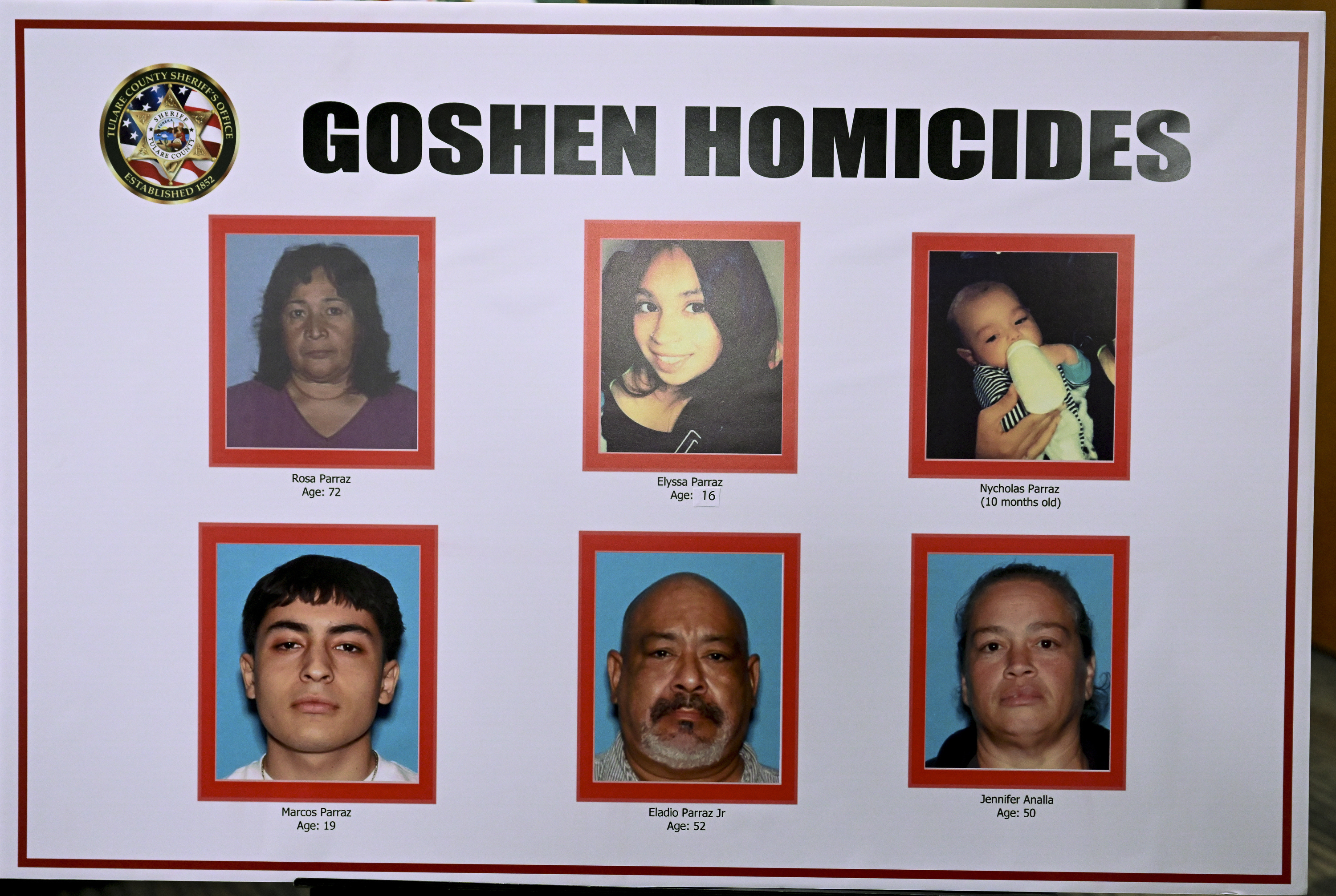 Las víctimas de un tiroteo en Goshen, California, se muestran durante una conferencia de prensa, el martes 17 de enero de 2023, en Visalia, California.