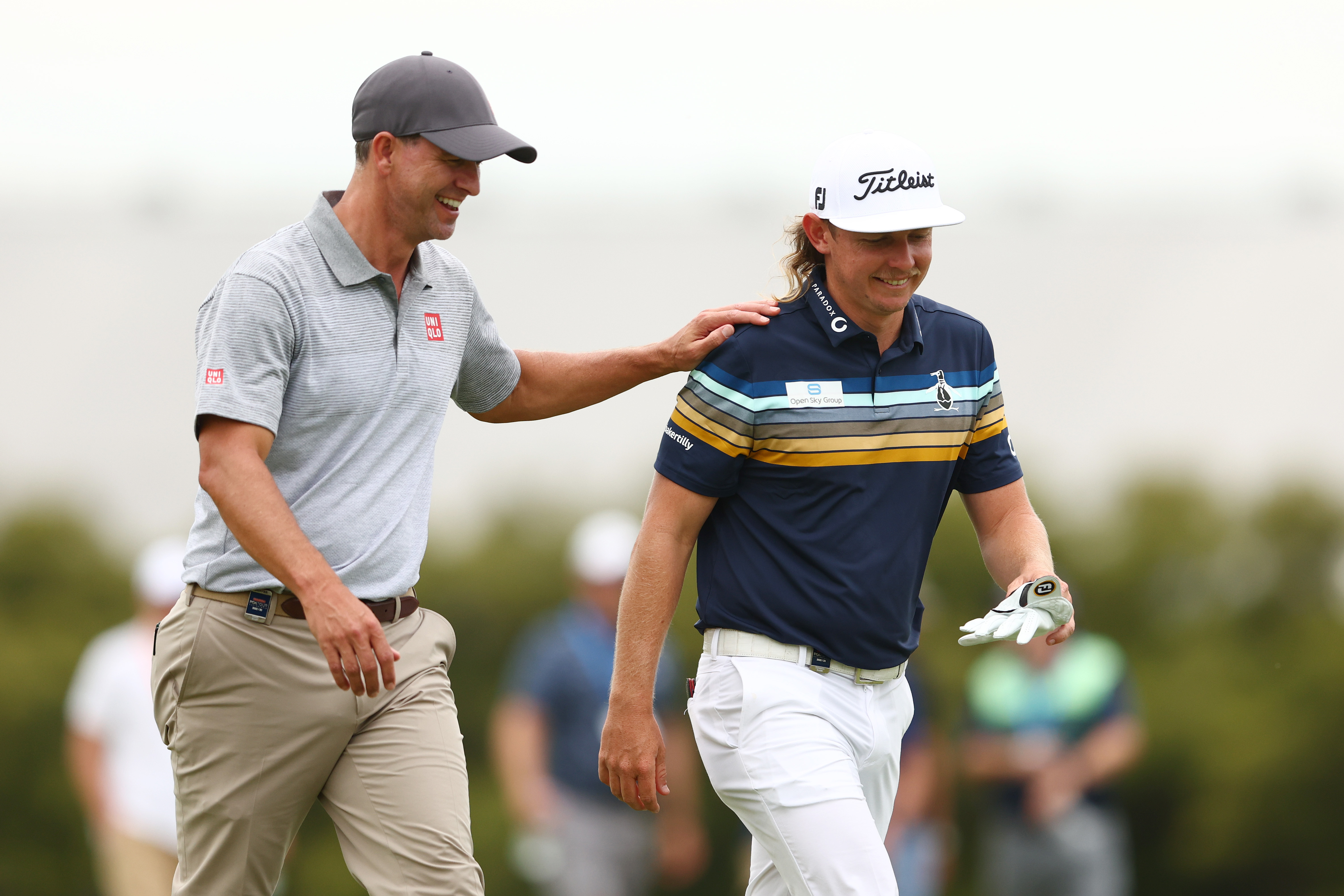 Adam Scott and Cameron Smith talk during day one of the 2022 Australian PGA Championship at the Royal Queensland Golf Club. (Photo by Chris Hyde/Getty Images)