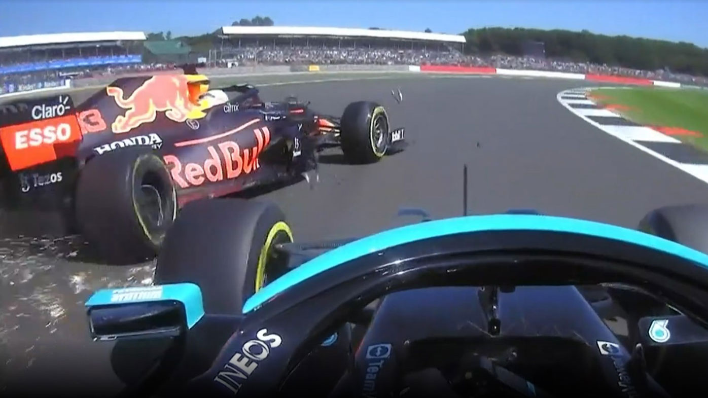 The view from Lewis Hamilton's car as he makes contact with Max Verstappen at the British Grand Prix.