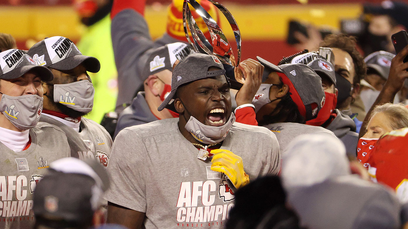 Tyreek Hill #10 of the Kansas City Chiefs celebrates after defeating the Buffalo Bills 38-24 in the AFC Championship game at Arrowhead Stadium on January 24, 2021 