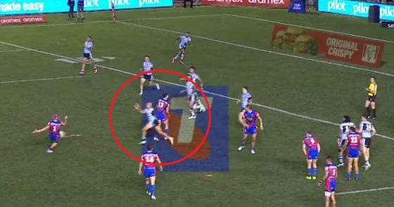 The Knights were penalised for blocking on this Kalyn Ponga field goal.