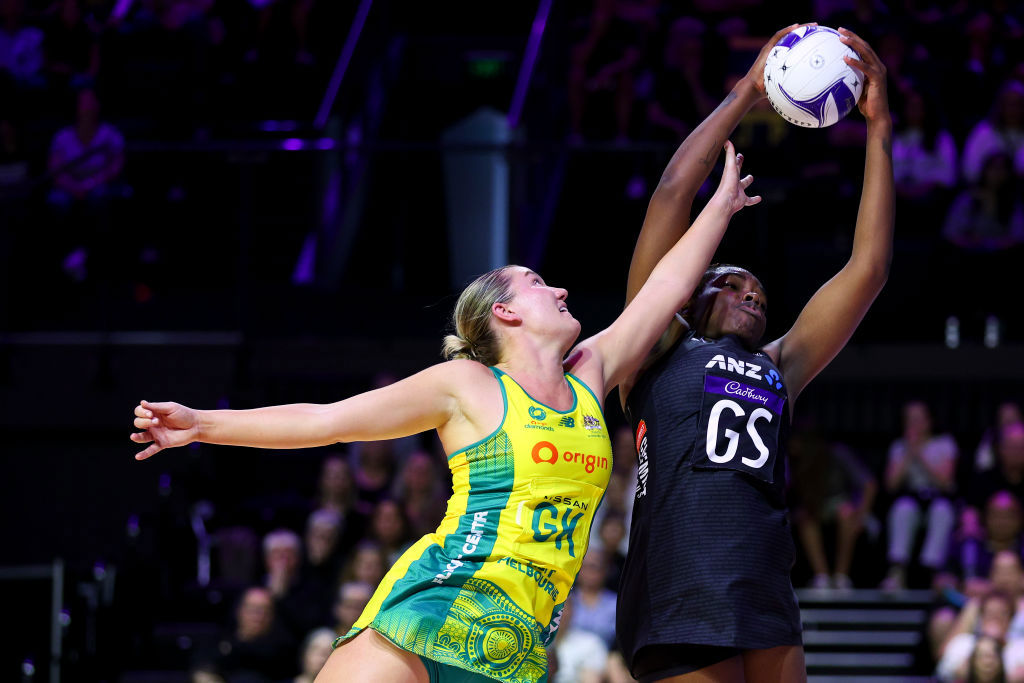 Grace Nweke of New Zealand and Courtney Bruce of Australia compete for the ball.