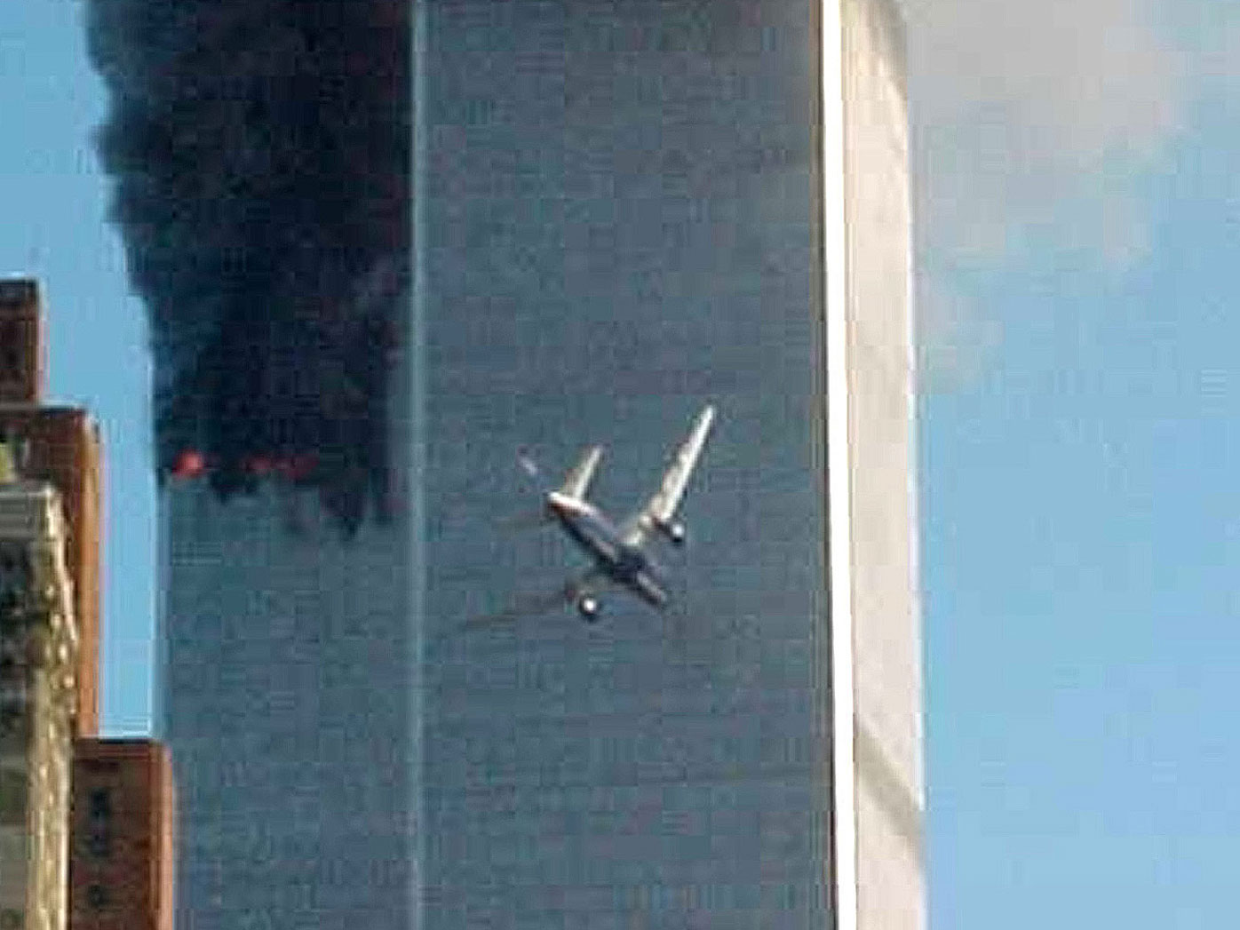 A jet airliner is lined up on one of the World Trade Center towers in New York. In the most devastating terrorist attack ever waged against the United States, knife-wielding hijackers crashed two airliners into the World Trade Center.