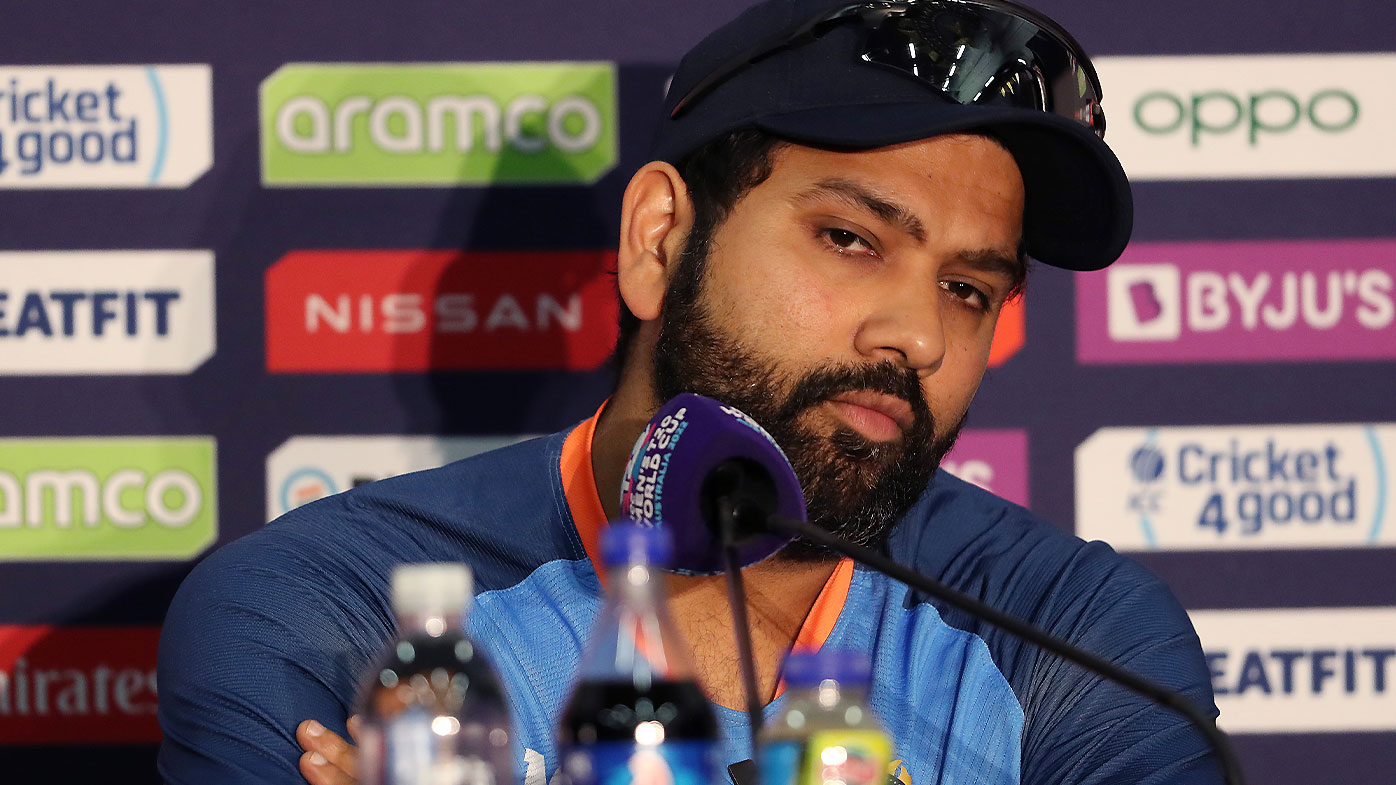 Indian captain Rohit Sharma talks to reporters at the T20 World Cup