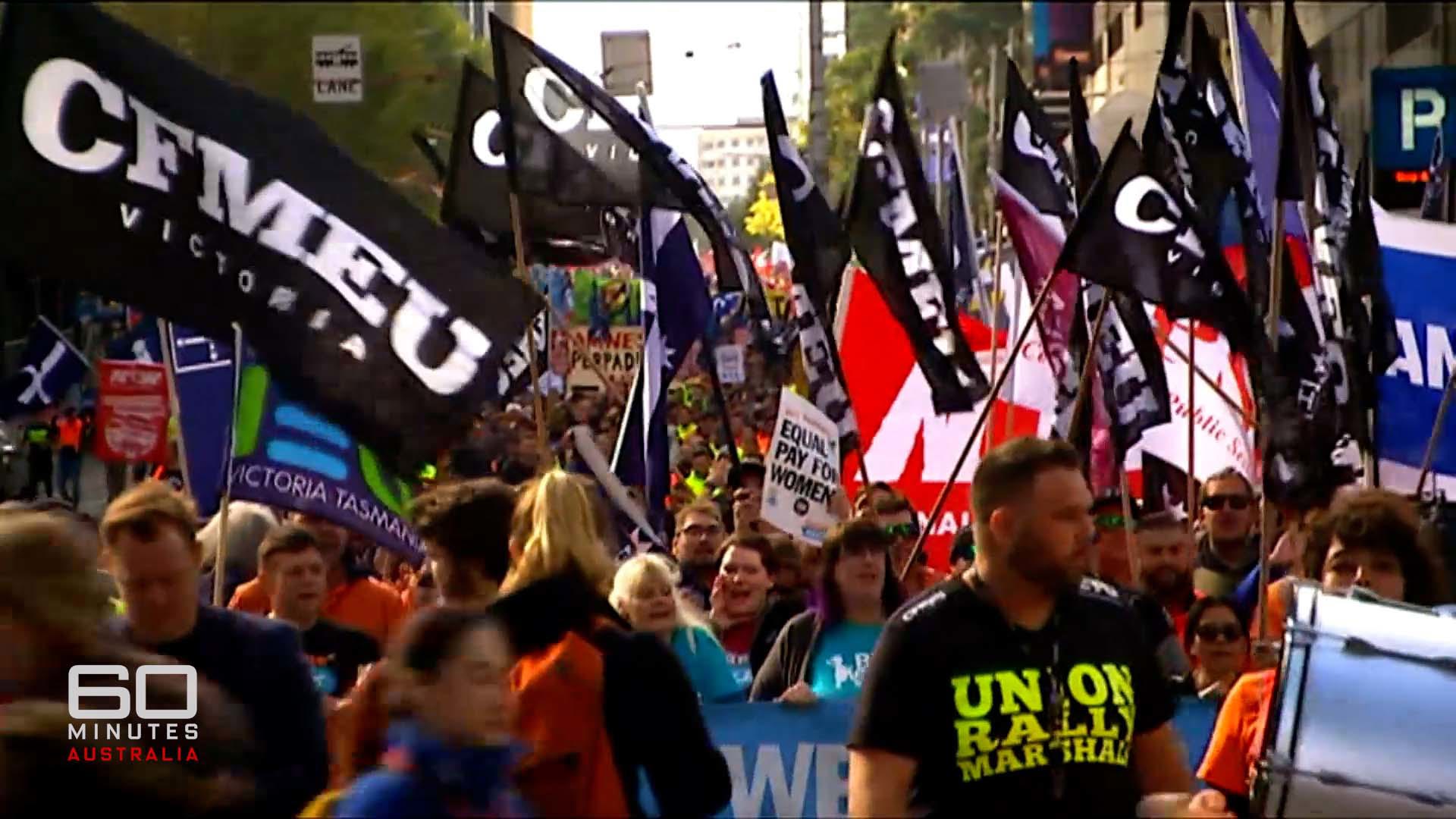 CFMEU union members marching at a rally in Melbourne.