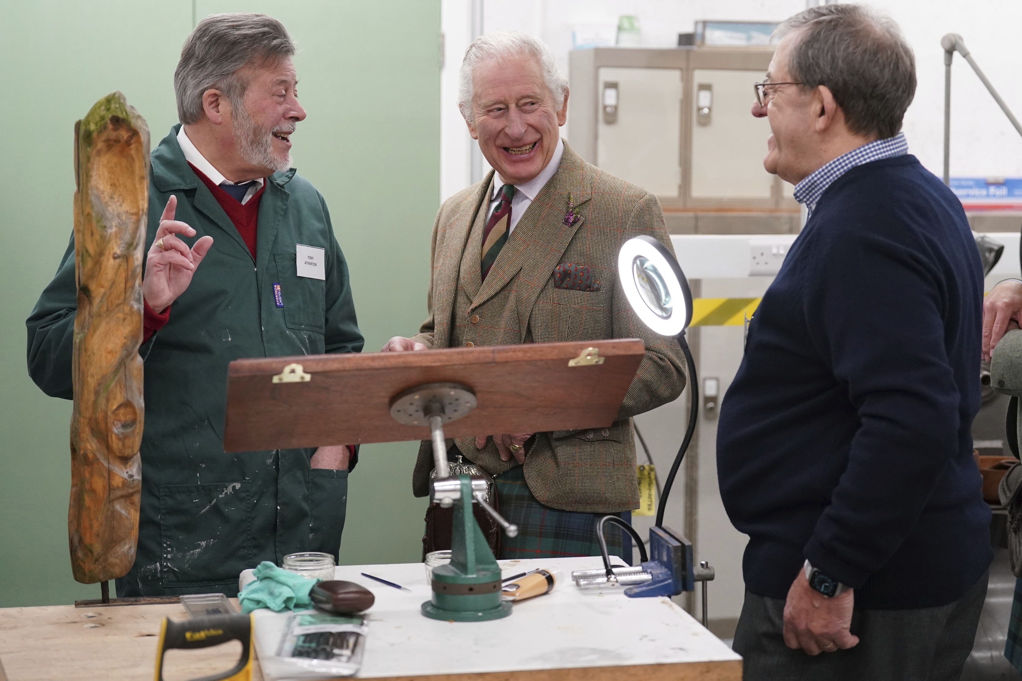 King Charles III visits the Aboyne and Mid Deeside Community Shed to meet with local hardship support groups and tour the new facilities, in Aboyne, Aberdeenshire, Scotland, Thursday, Jan. 12, 2023.