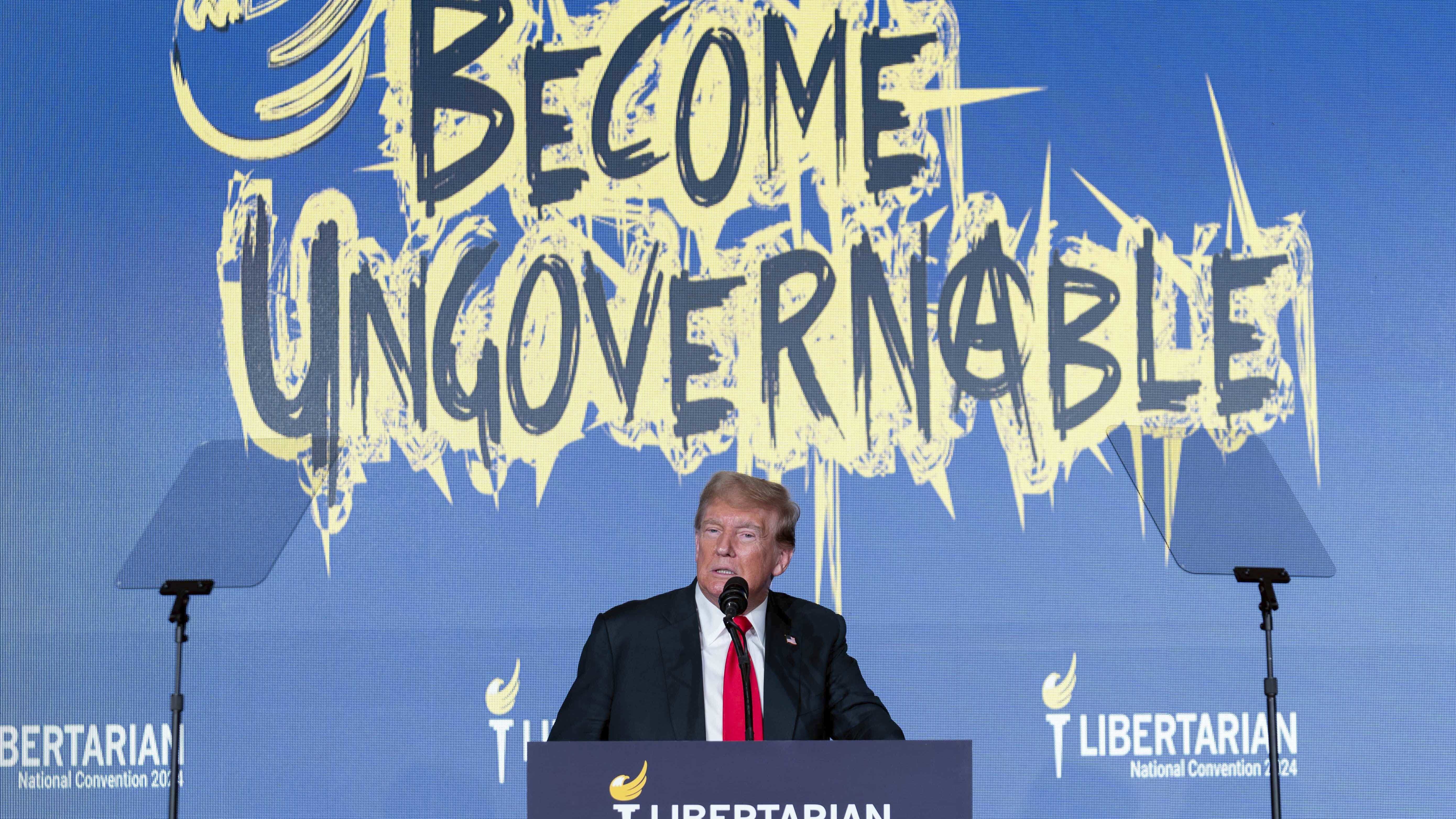 El candidato presidencial republicano, el expresidente Donald Trump, habla en la Convención Nacional Libertaria en el Washington Hilton en Washington, el sábado 25 de mayo de 2024. 