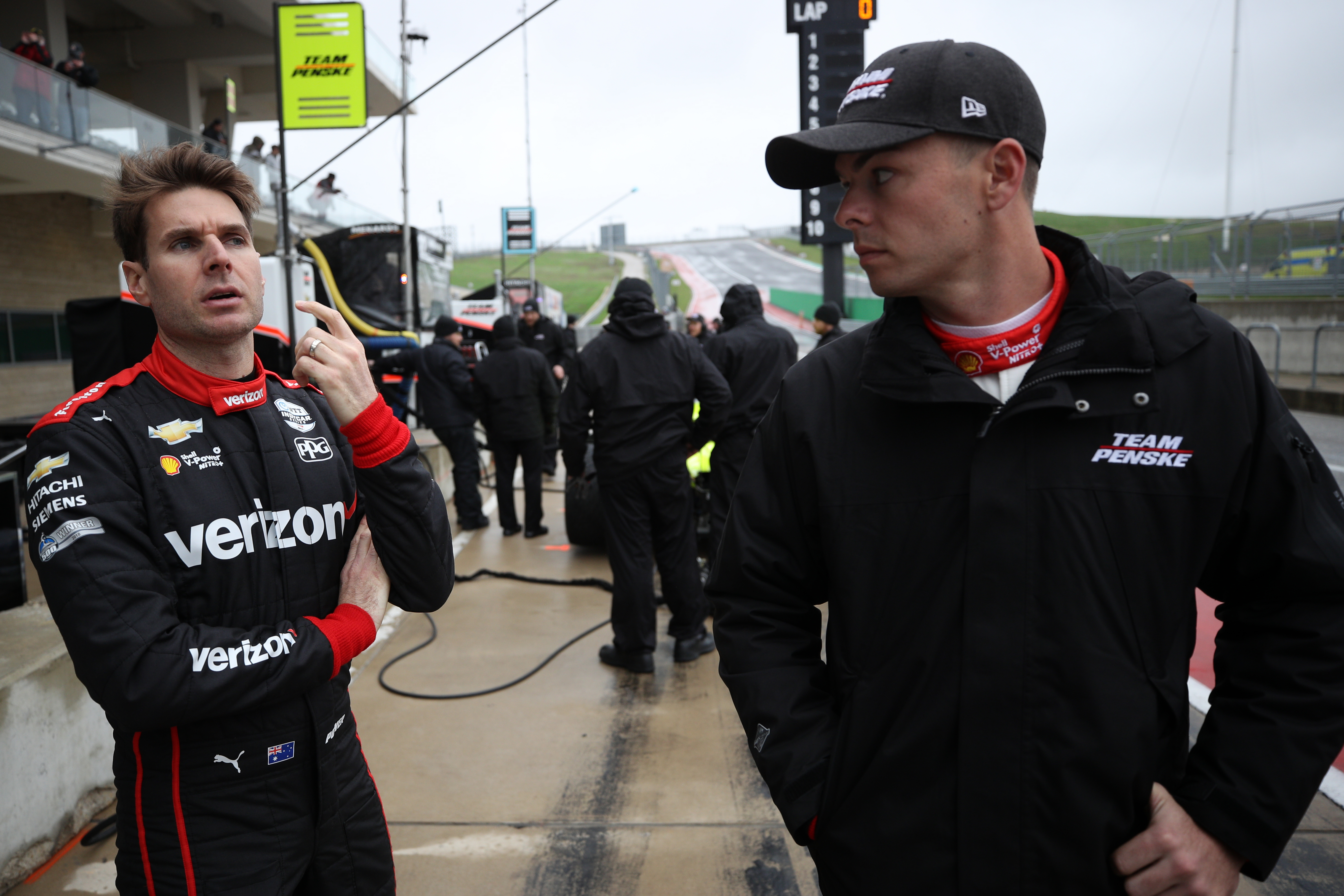 Will Power talks with Scott McLaughlin in 2020 in Austin.