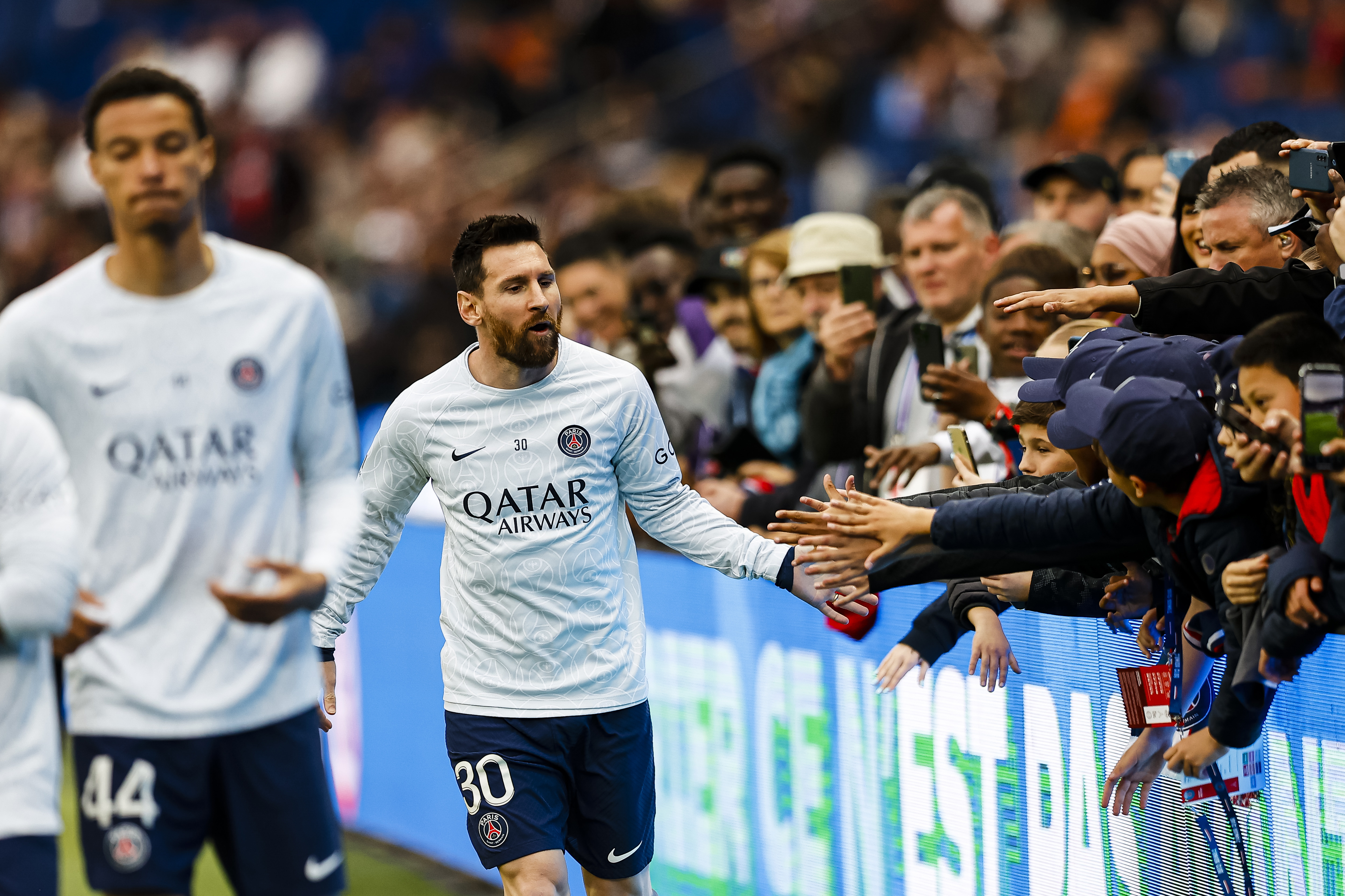 Lionel Messi of Paris Saint Germain warming up during the Ligue 1 match between Paris Saint-Germain and AC Ajaccio at Parc des Princes on May 13, 2023 in Paris, France. (Photo by Antonio Borga/Eurasia Sport Images/Getty Images)