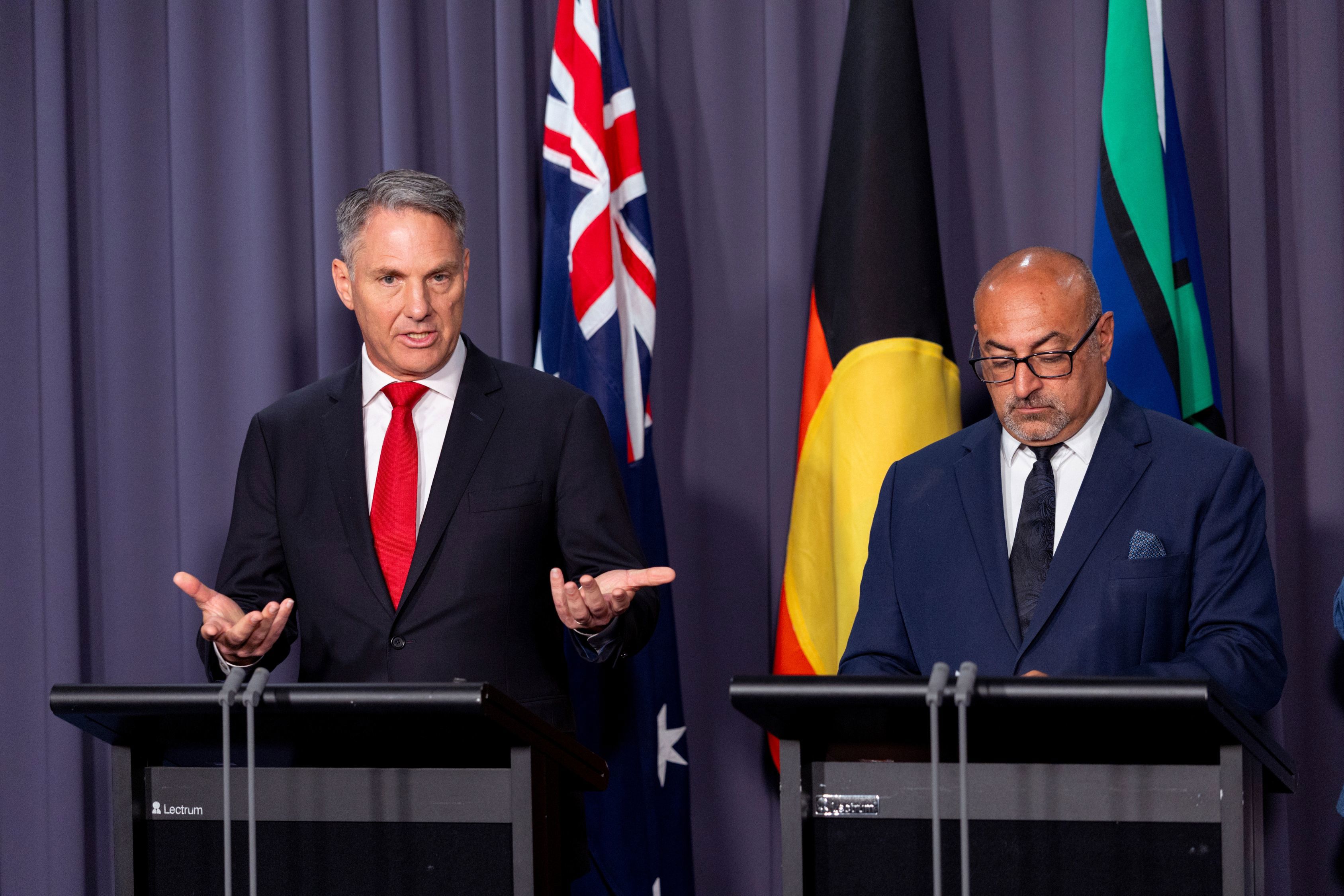 Deputy Prime Minister and Minister for Defence Richard Marles, Minister for Finance Katy Gallagher and Assistant Minister for Defence Peter Khalil during a press conference at Parliament House in Canberra on February 4 2026. Photo: Dominic Lorrimer
