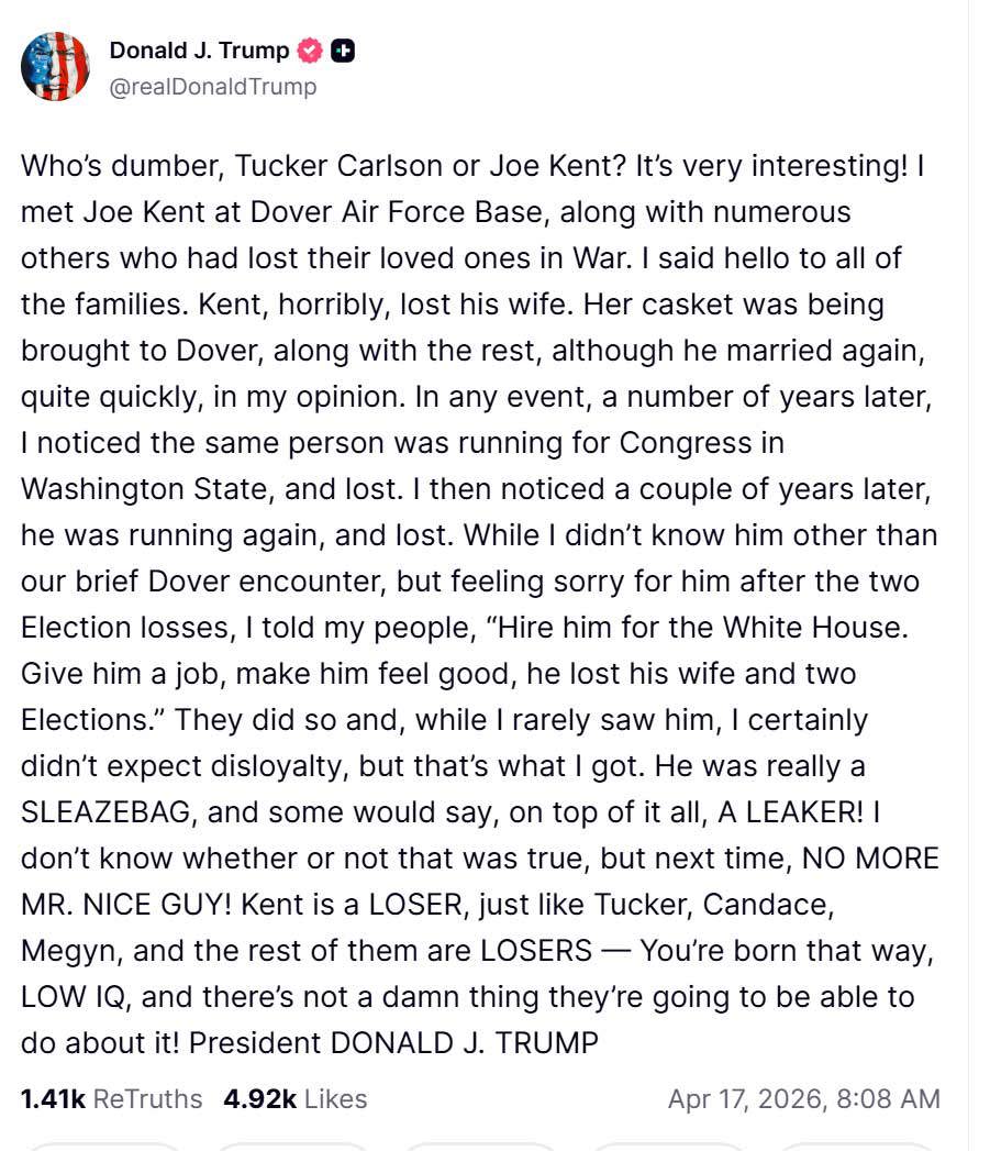 Donald Trump's post about Joe Kent.