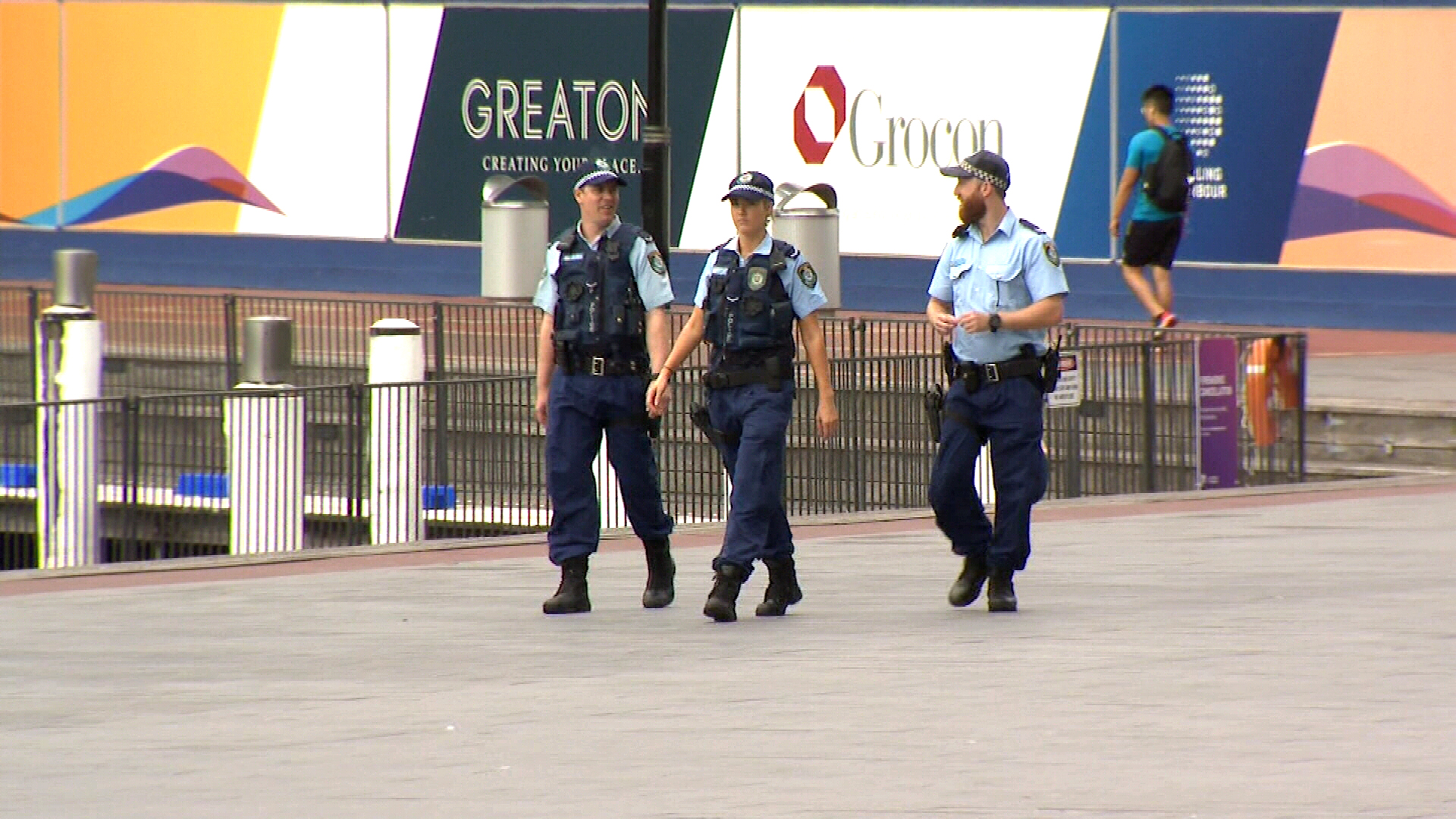 NSW Police patrol a deserted area by Sydney harbour. The city is under tight social distancing restrictions.