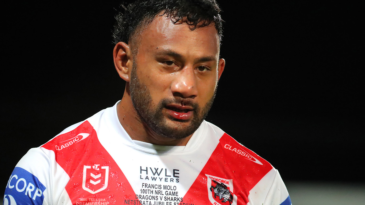 Francis Molo of the Dragons reacts during the round four NRL match between St George Illawarra Dragons and Cronulla Sharks at Netstrata Jubilee Stadium on March 26, 2023 in Sydney, Australia. (Photo by Jeremy Ng/Getty Images)