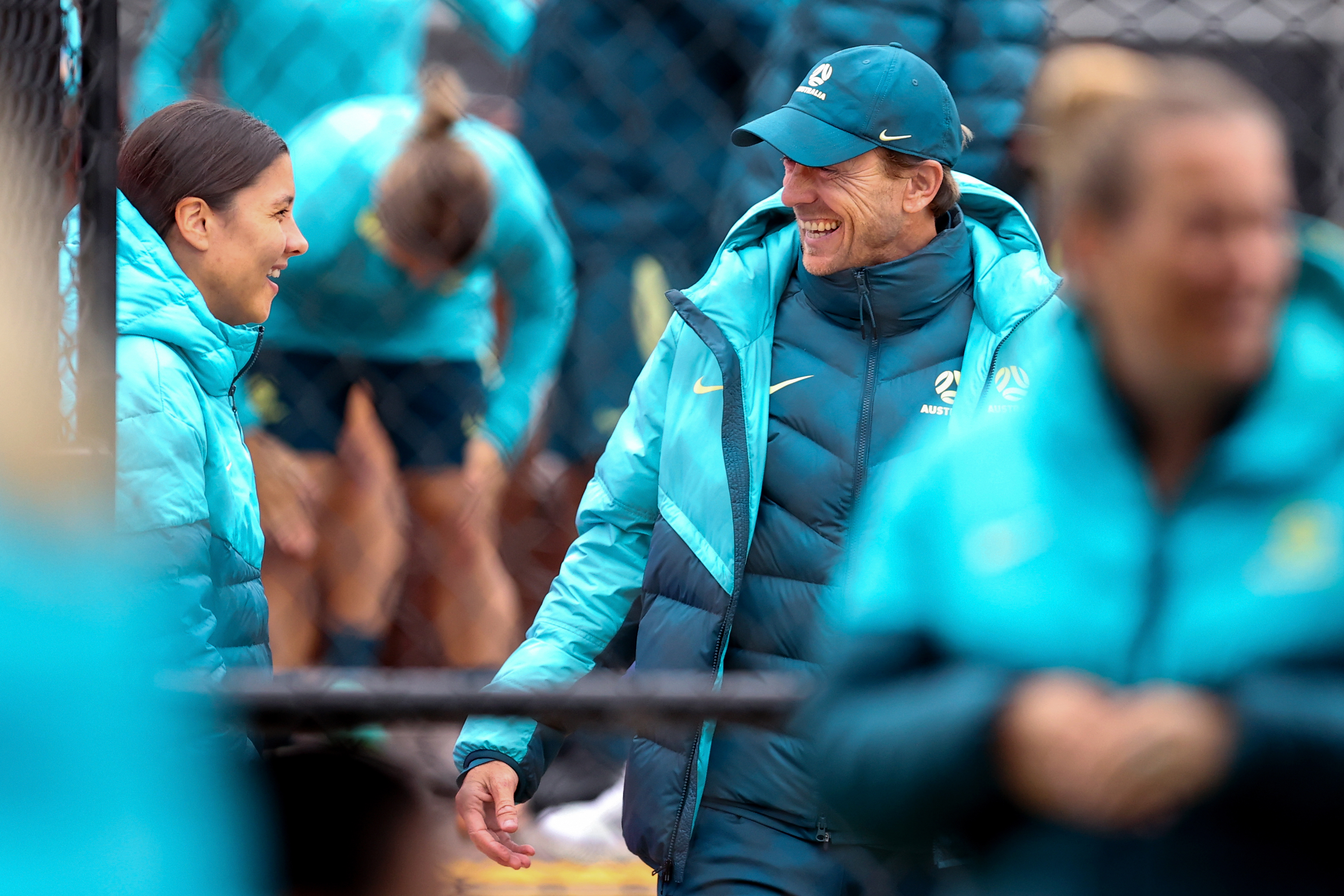 SYDNEY, AUSTRALIA - AUGUST 06: Australian coach, Tony Gustavsson and Sam Kerr of Australia share a joke during an Australia Matildas training session during the the FIFA Women's World Cup Australia & New Zealand 2023 at  on August 06, 2023 in Sydney, Australia. (Photo by Brendon Thorne/Getty Images)