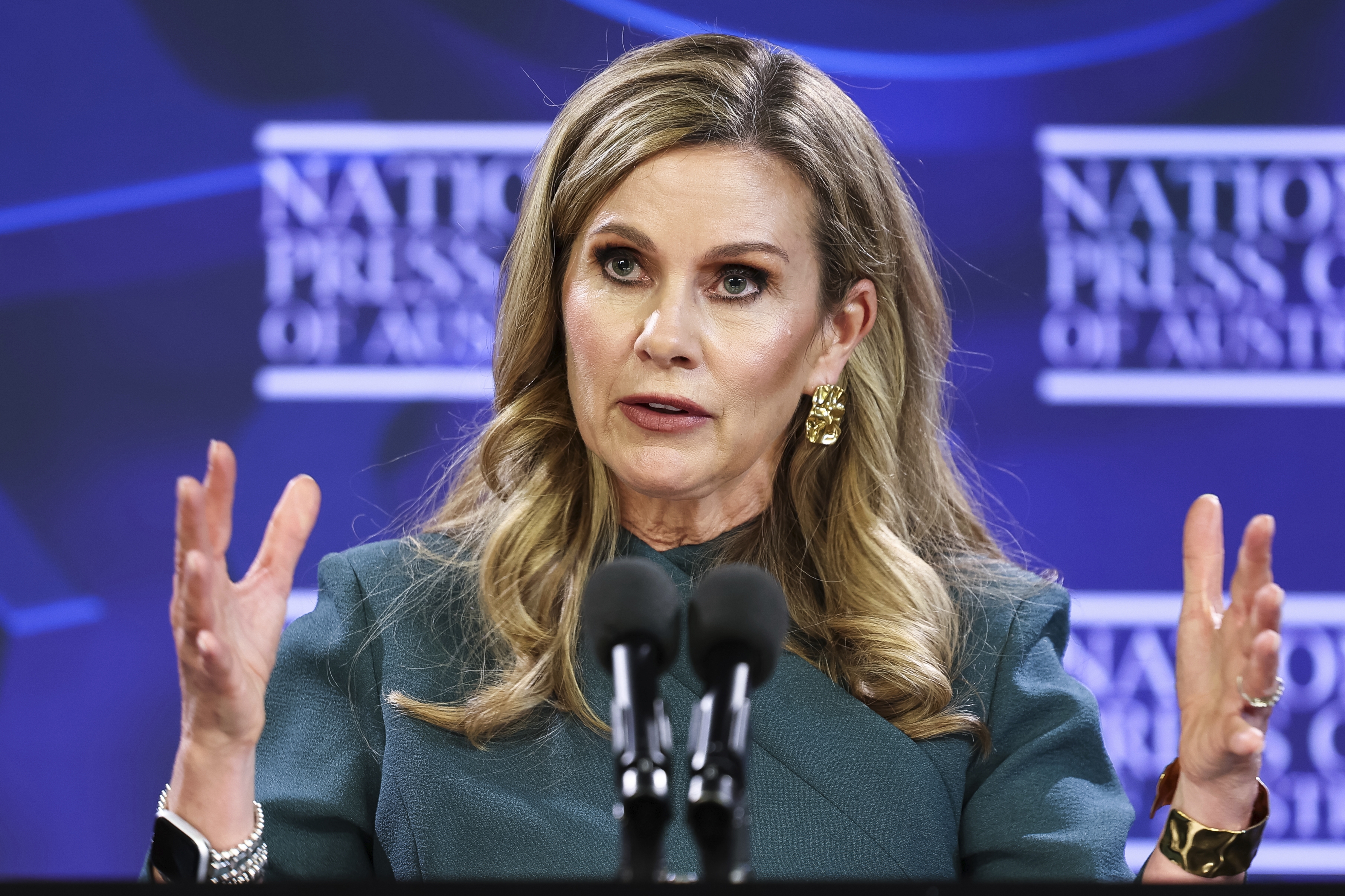 eSafety Commissioner Julie Inman Grant during an address to the National Press Club of Australia in Canberra on Tuesday 24 June 2025. fedpol Photo: Alex Ellinghausen