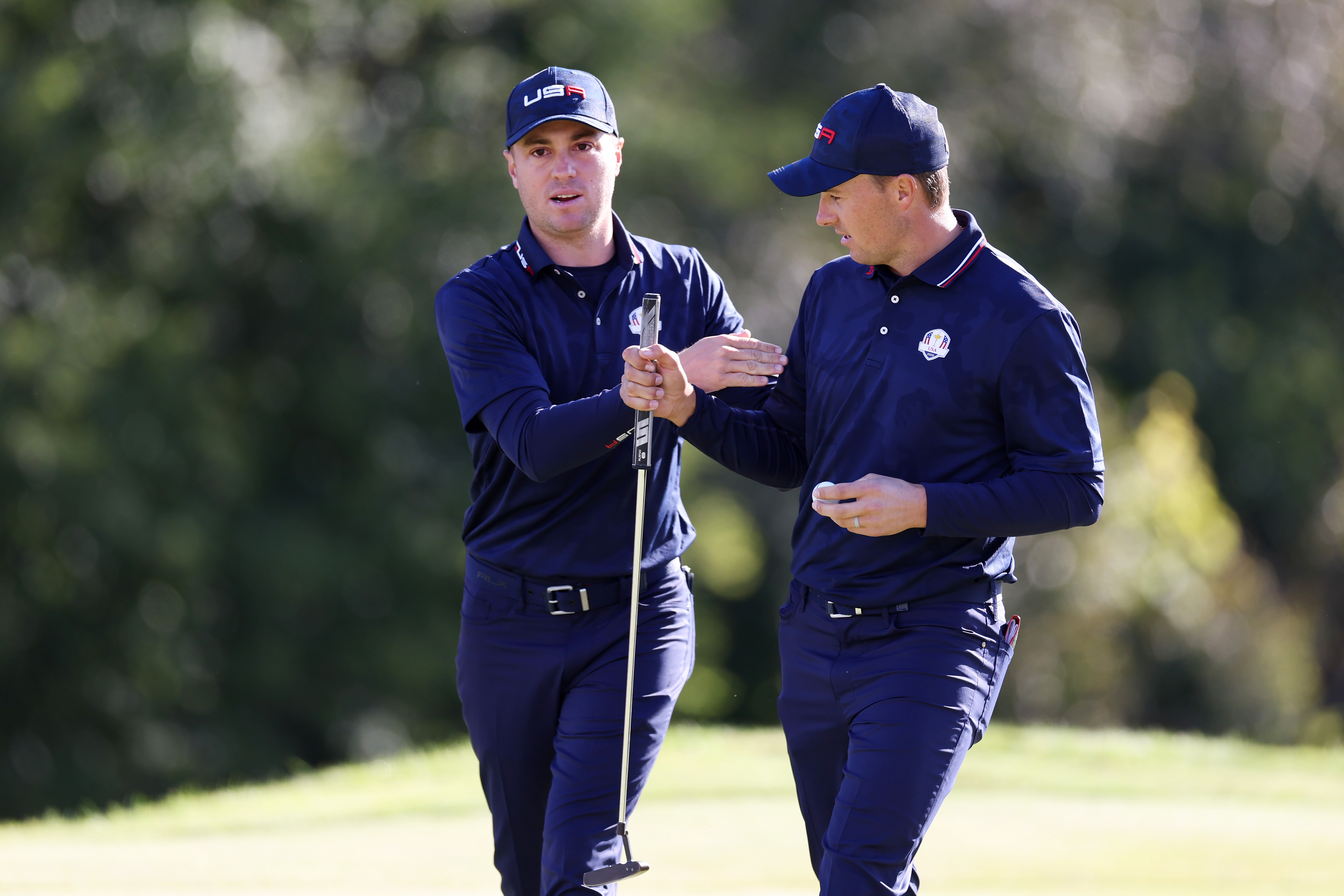 Justin Thomas of team United States (L) and Jordan Spieth during Saturday Morning Foursome Matches of the 43rd Ryder Cup at Whistling Straits.