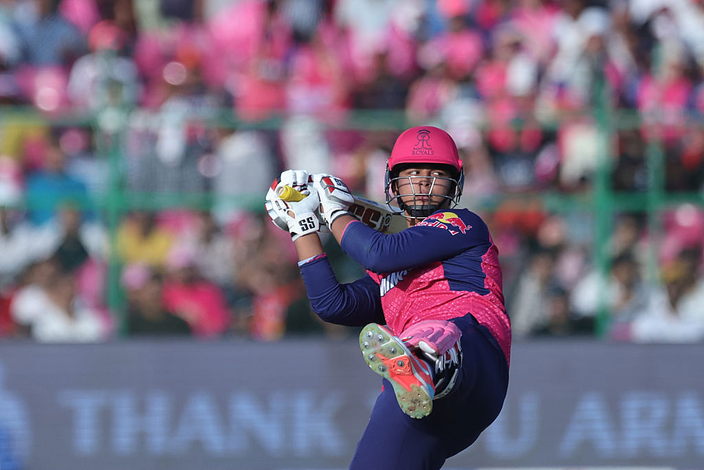 Vaibhav Suryavanshi of Rajasthan Royals play a shot during a 2025 IPL match.