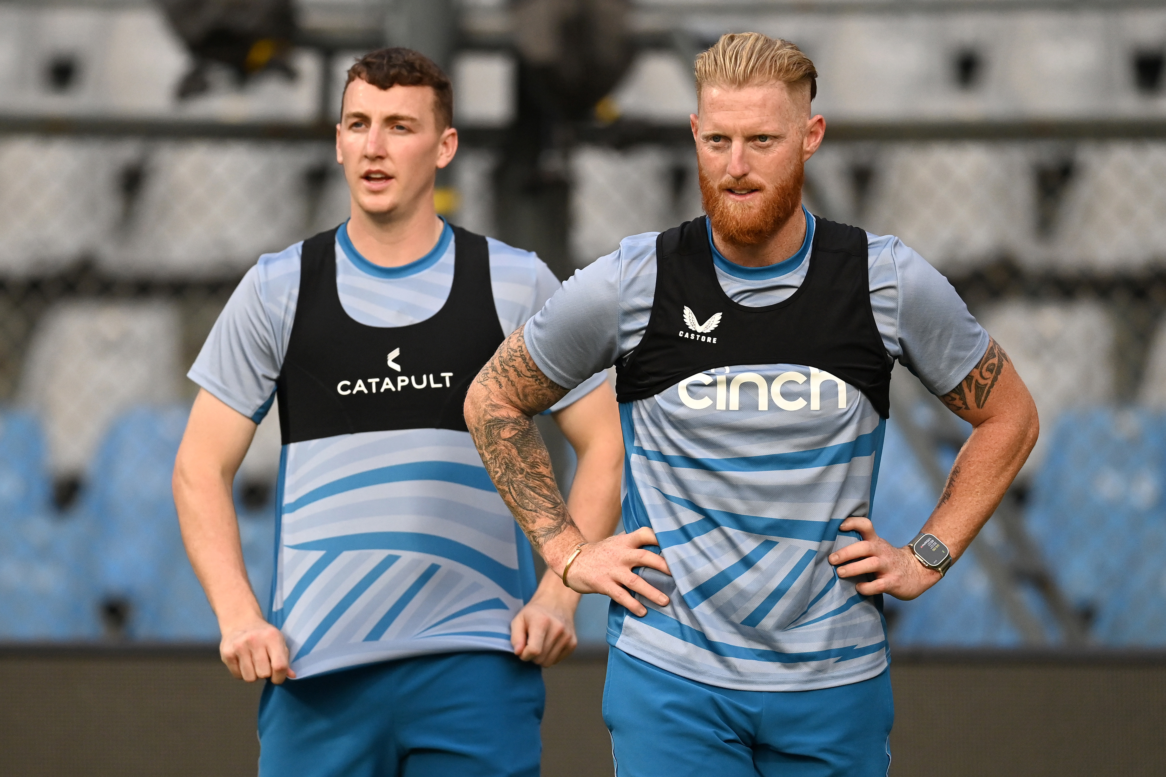 Harry Brook (left) of England alongside Ben Stokes.