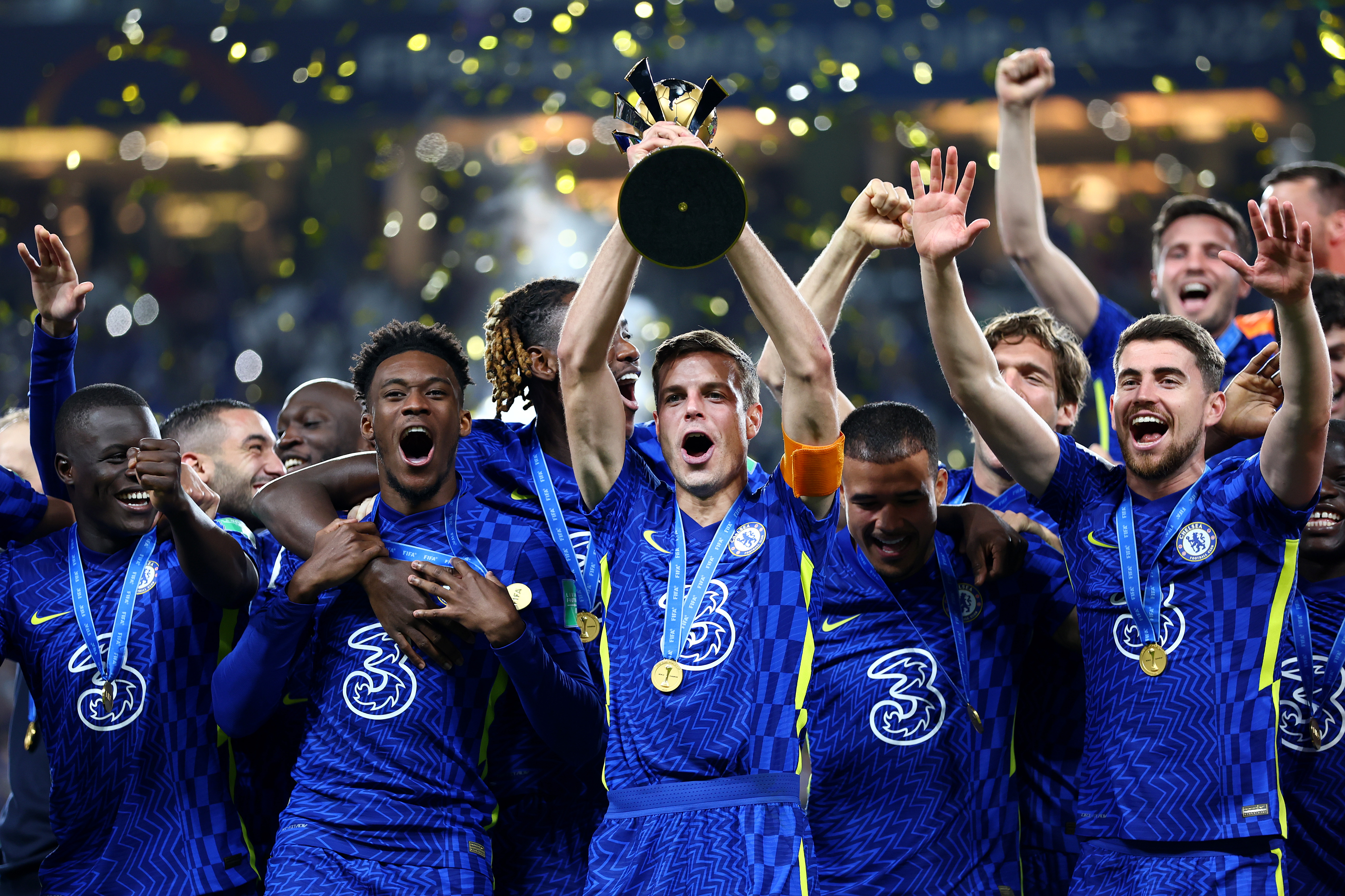 Cesar Azpilicueta of Chelsea lifts the FIFA Club World Cup trophy following victory in the FIFA Club World Cup UAE 2021 Final match between Chelsea and Palmeiras at Mohammed Bin Zayed Stadium.