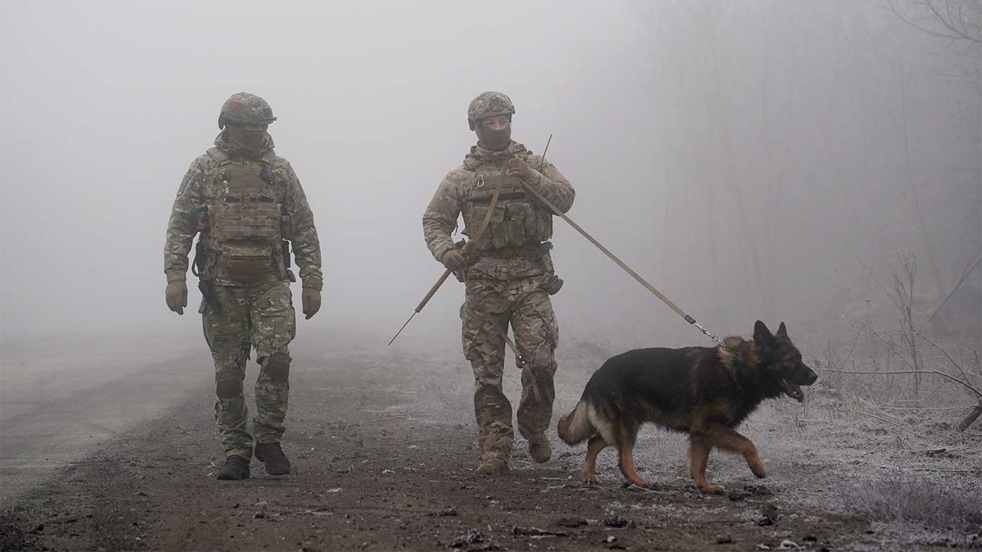 Ukrainian soldiers guard an area near Odradivka, eastern Ukraine.