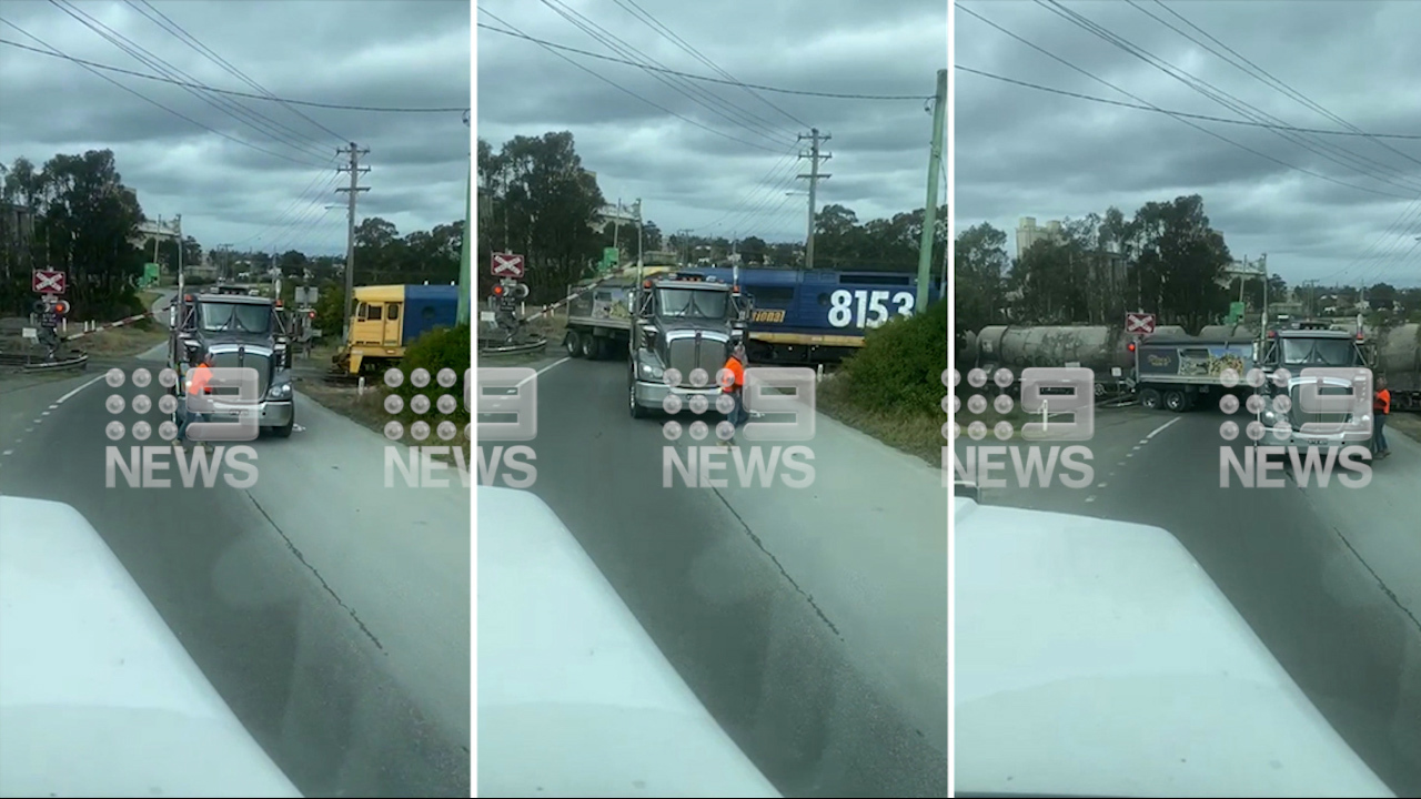 Dashcam of truck and freight train crash in Sydney.