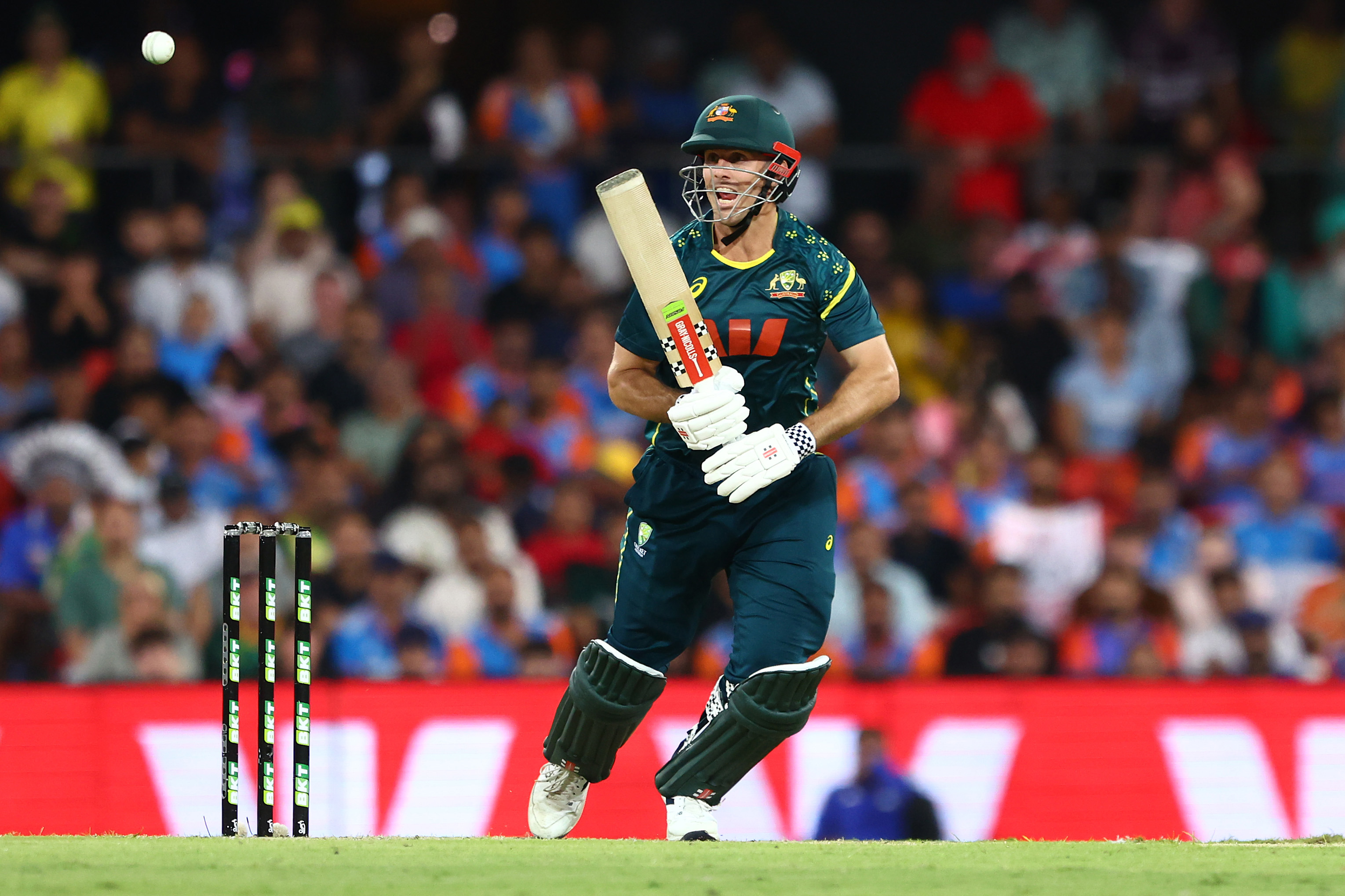 Mitchell Marsh of Australia bats during game four of the T20 International Series between Australia and India at People First Stadium on November 06, 2025 in Gold Coast, Australia. (Photo by Chris Hyde/Getty Images)