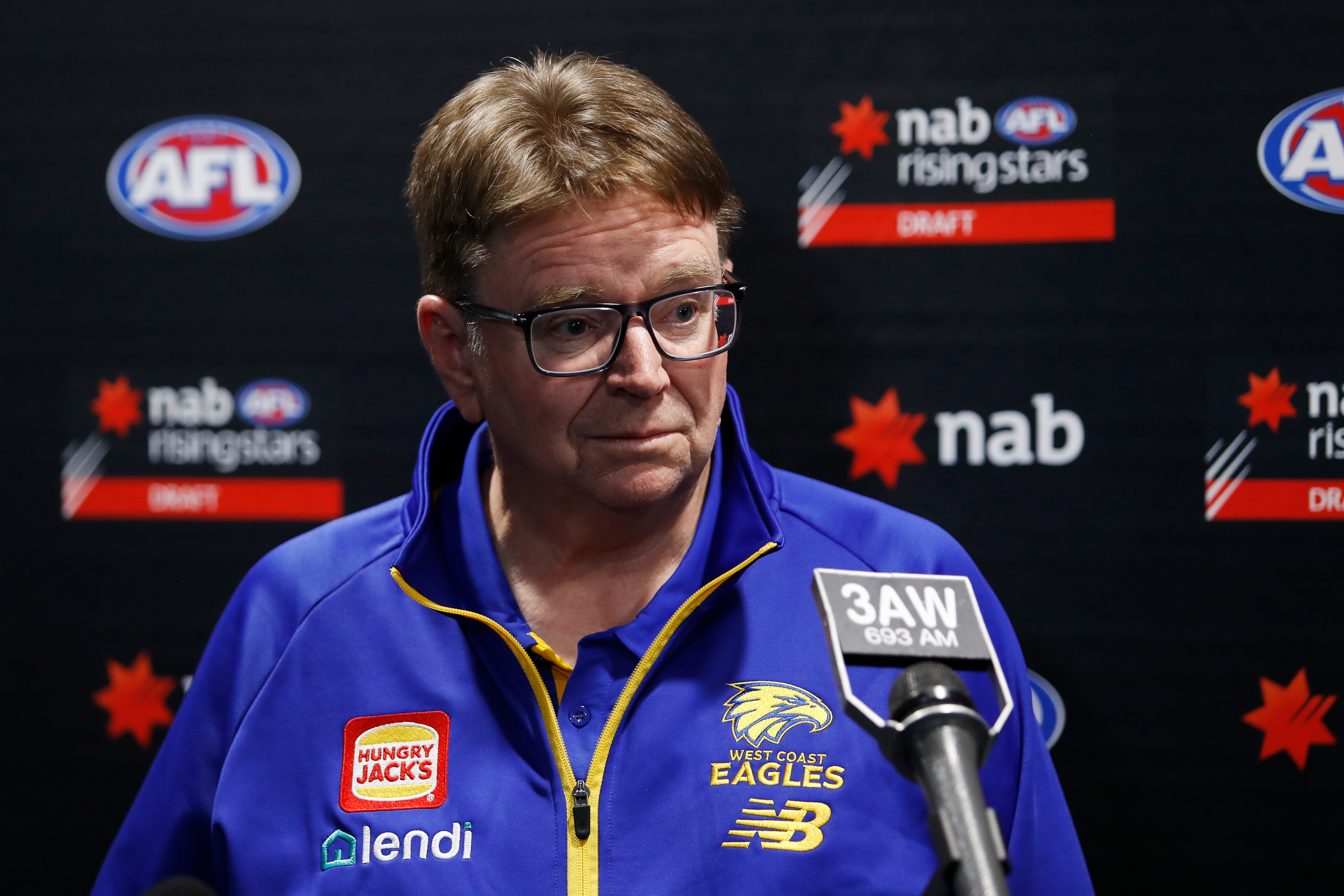 MELBOURNE, AUSTRALIA - NOVEMBER 21: Rohan OBrien, Recruiting and List Manager of the Eagles speaks with media during the 2023 AFL Draft at Marvel Stadium on November 21, 2023 in Melbourne, Australia. (Photo by Michael Willson/AFL Photos via Getty Images)