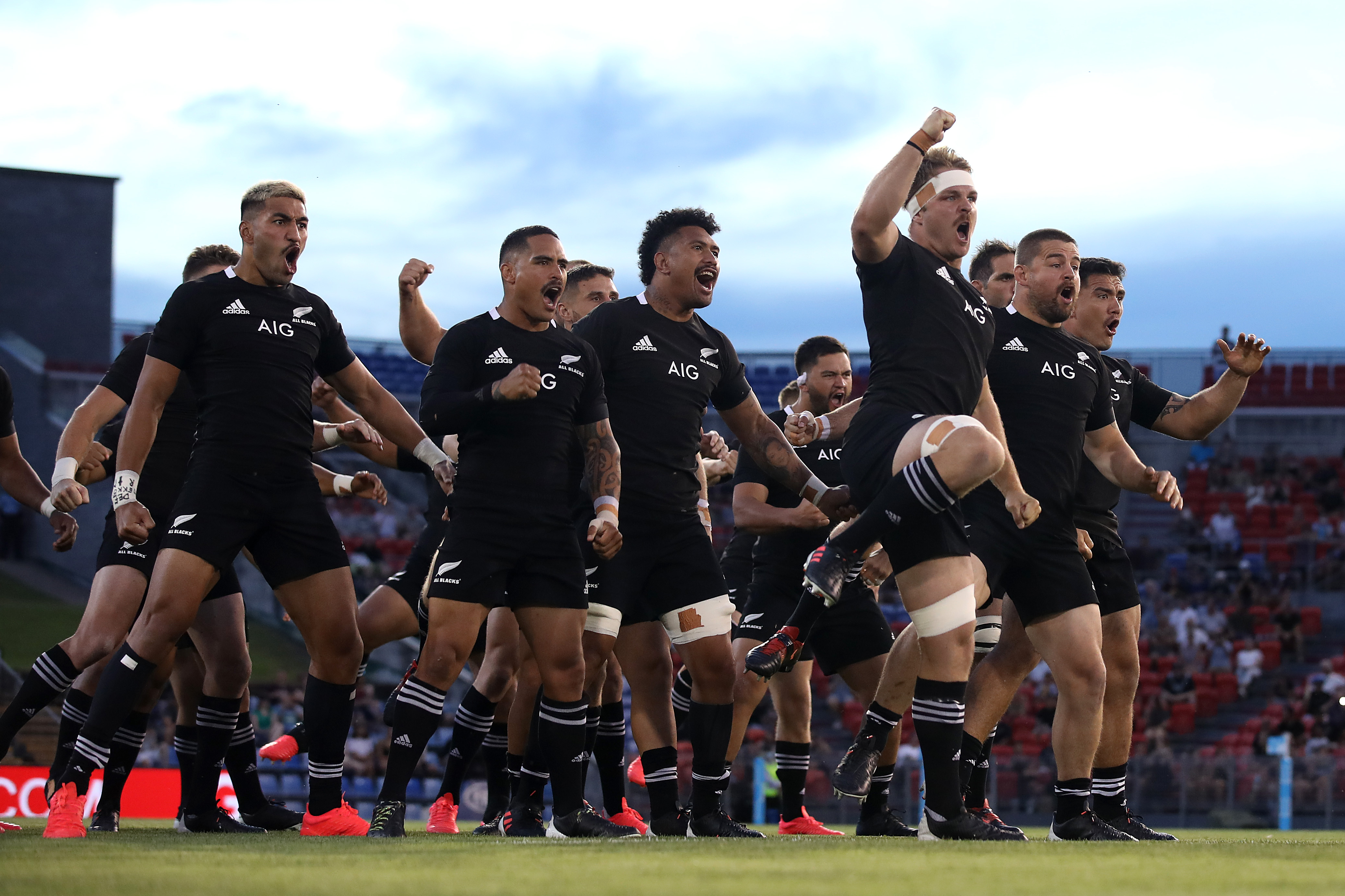 The New Zealand All Blacks perform the haka.