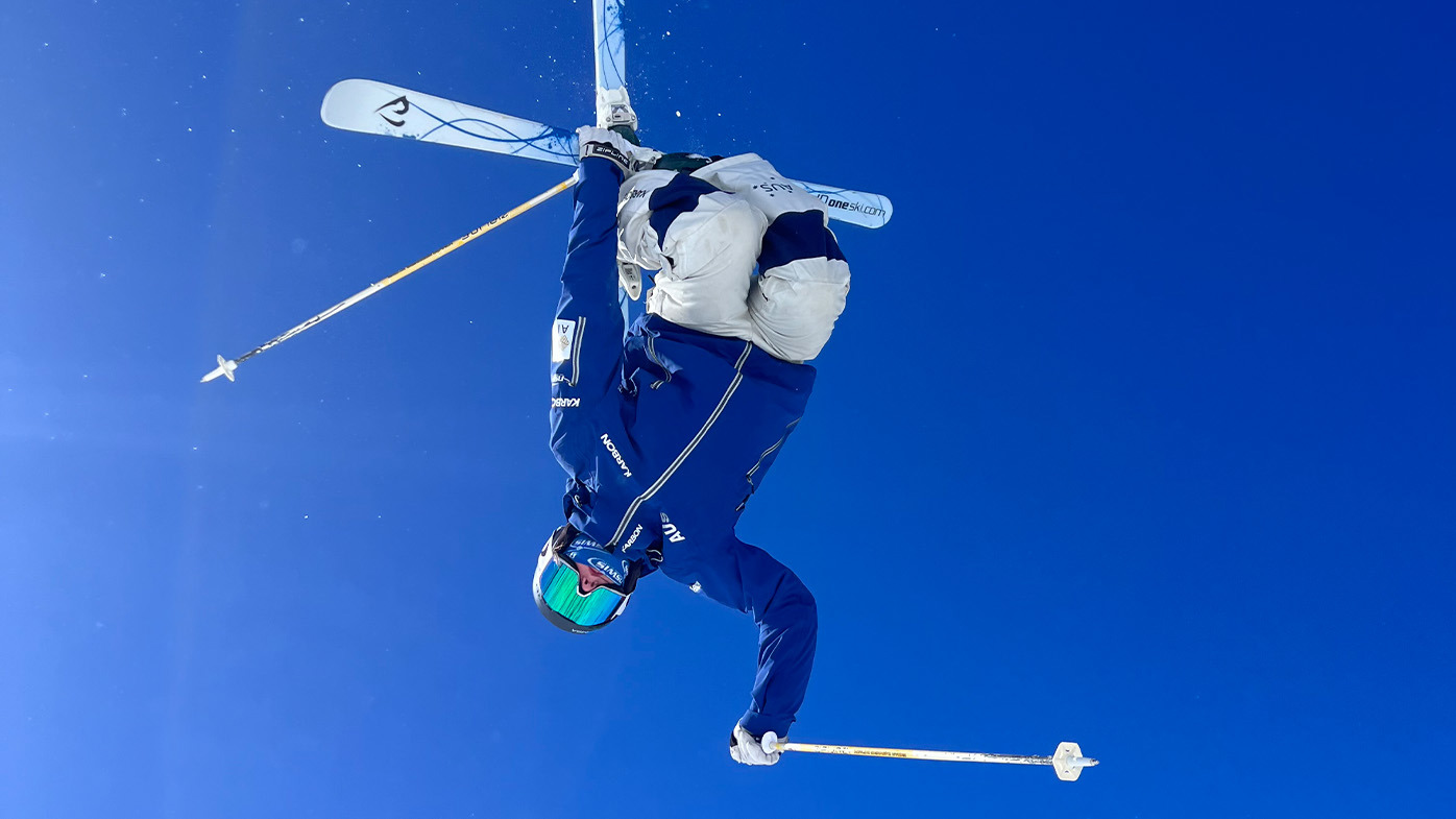 Australian moguls young gun Lottie Lodge cranks out the back mute, her best trick.