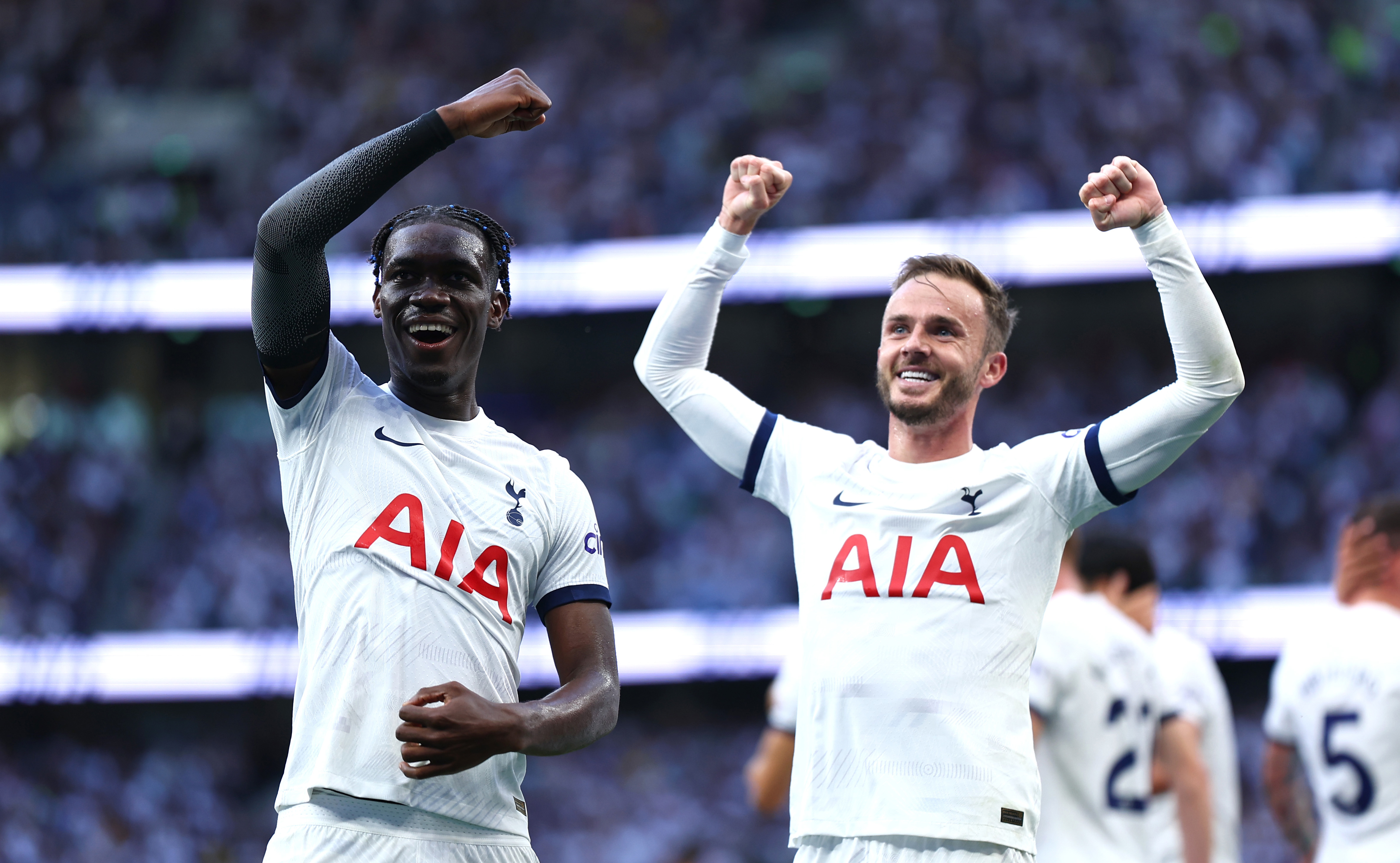 Yves Bissouma and James Maddison of Tottenham Hotspur celebrates their teams second goal during the Premier League match between Tottenham Hotspur and Manchester United at Tottenham Hotspur Stadium on August 19, 2023 in London, England. (Photo by Chloe Knott - Danehouse/Getty Images)