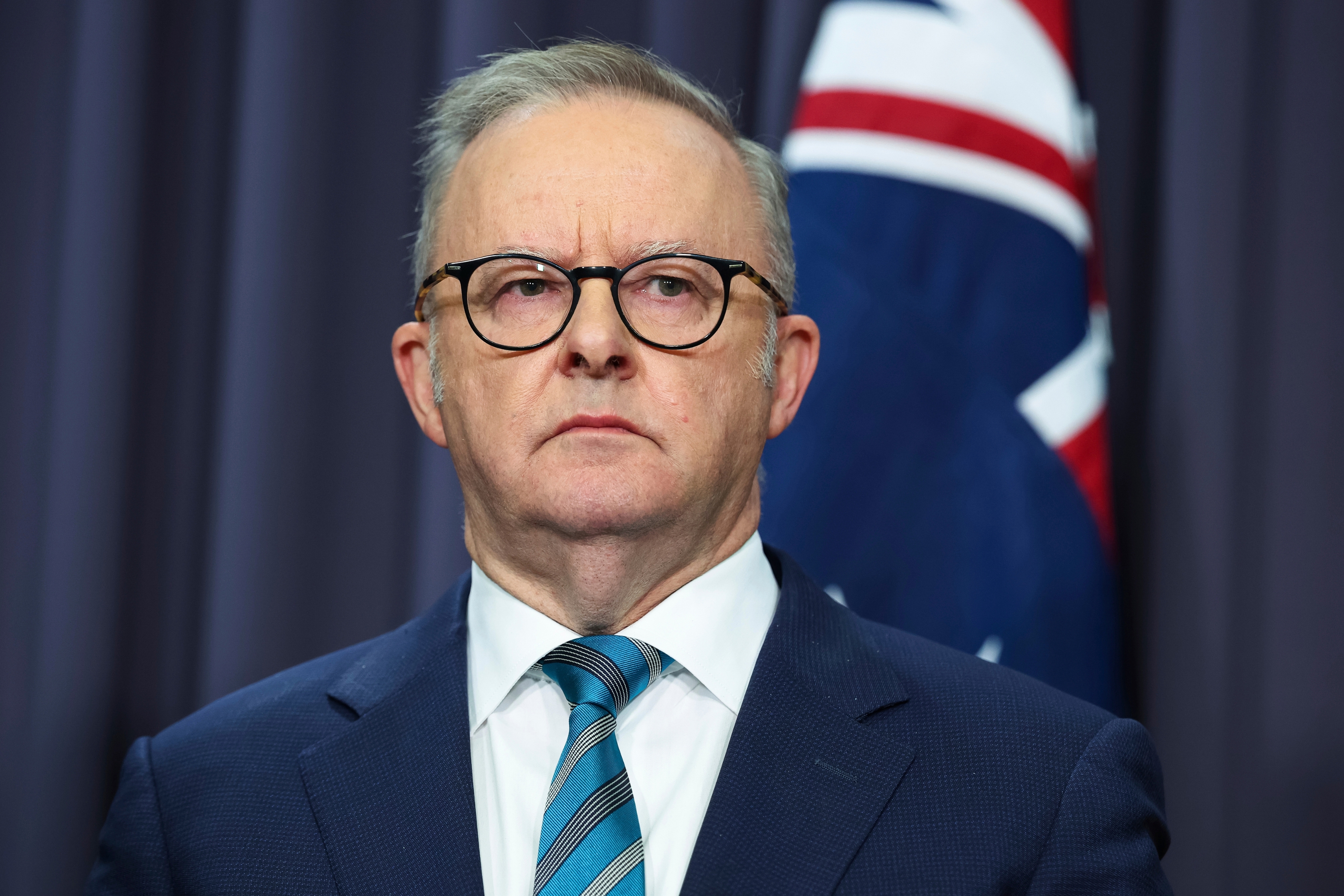 Prime Minister Anthony Albanese during a press conference at Parliament House in Canberra on Friday 27 March 2026. fedpol Photo: Alex Ellinghausen
