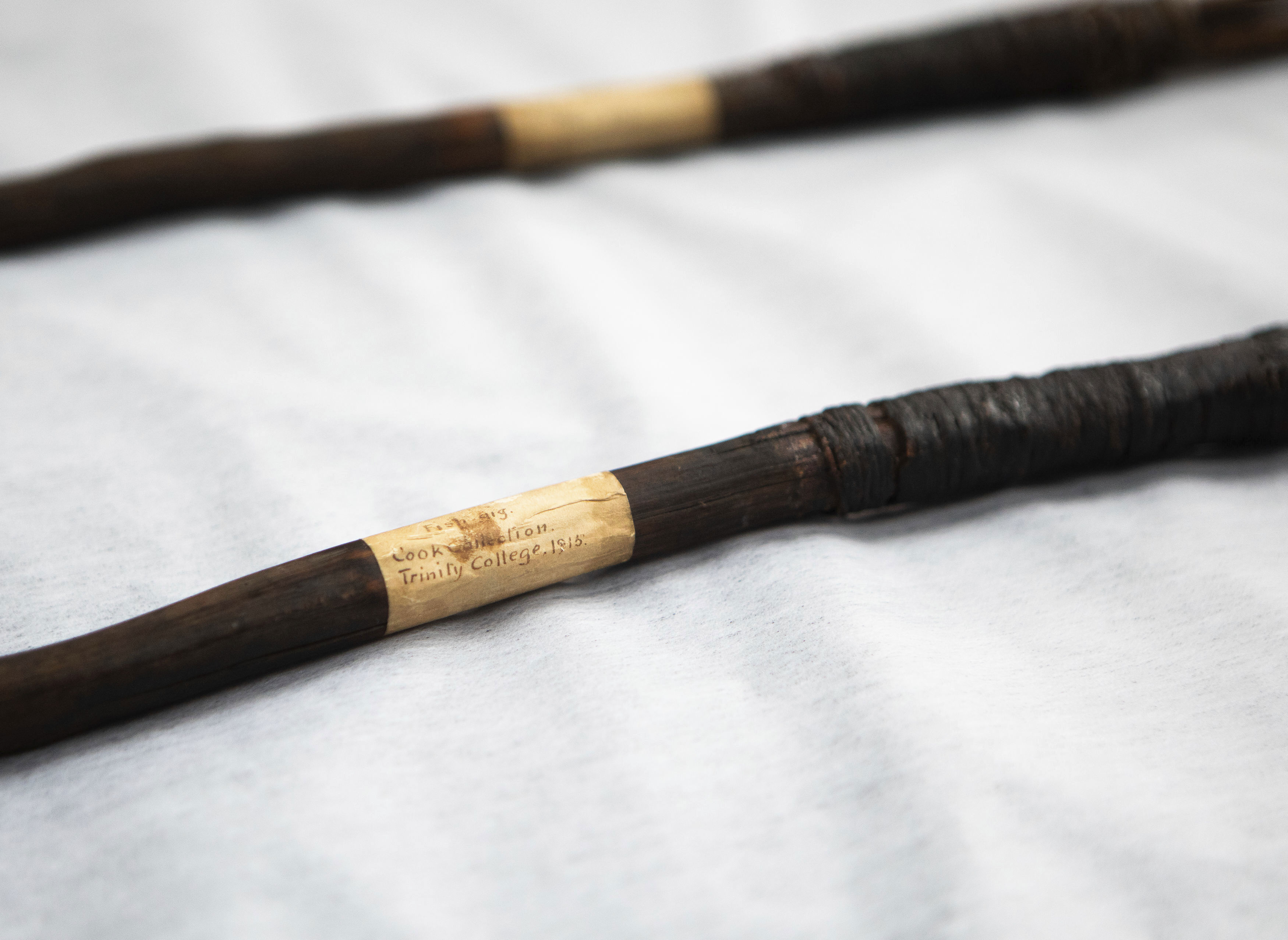 Two of four Aboriginal spears that were brought to England by Captain James Cook more than 250 years ago and have now been repatriated to Australia in a ceremony at Trinity College in Cambridge, Tuesday April 23, 2024.