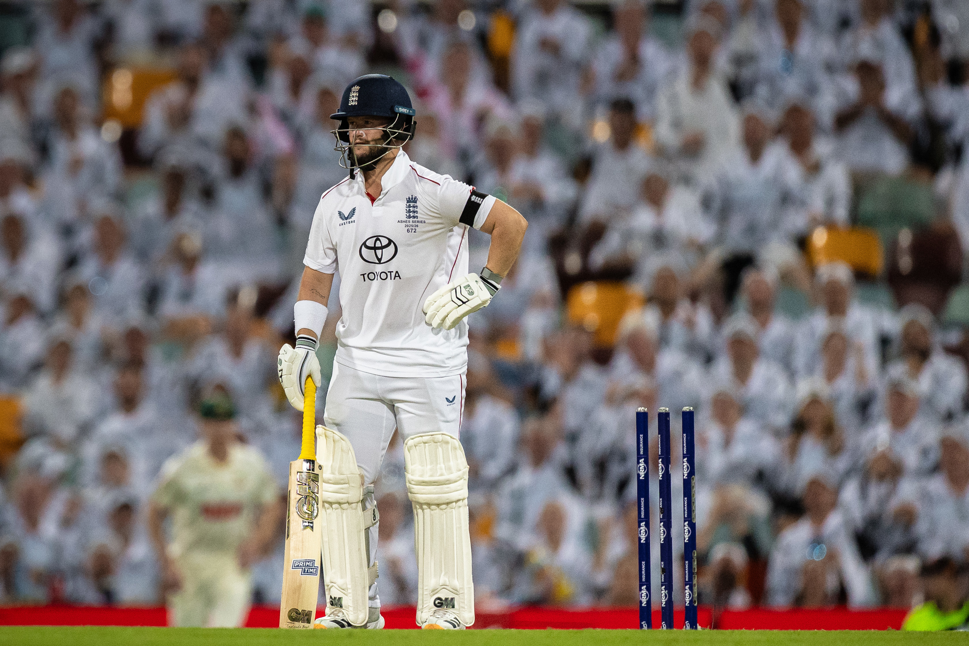 Ben Duckett of England reacts after getting out bowled during day 3 of the Second 2025/26 Ashes Series Test Match between Australia and England at The Gabba on December 06, 2025 in Brisbane, Australia. (Photo by Santanu Banik/MB Media/Getty Images)