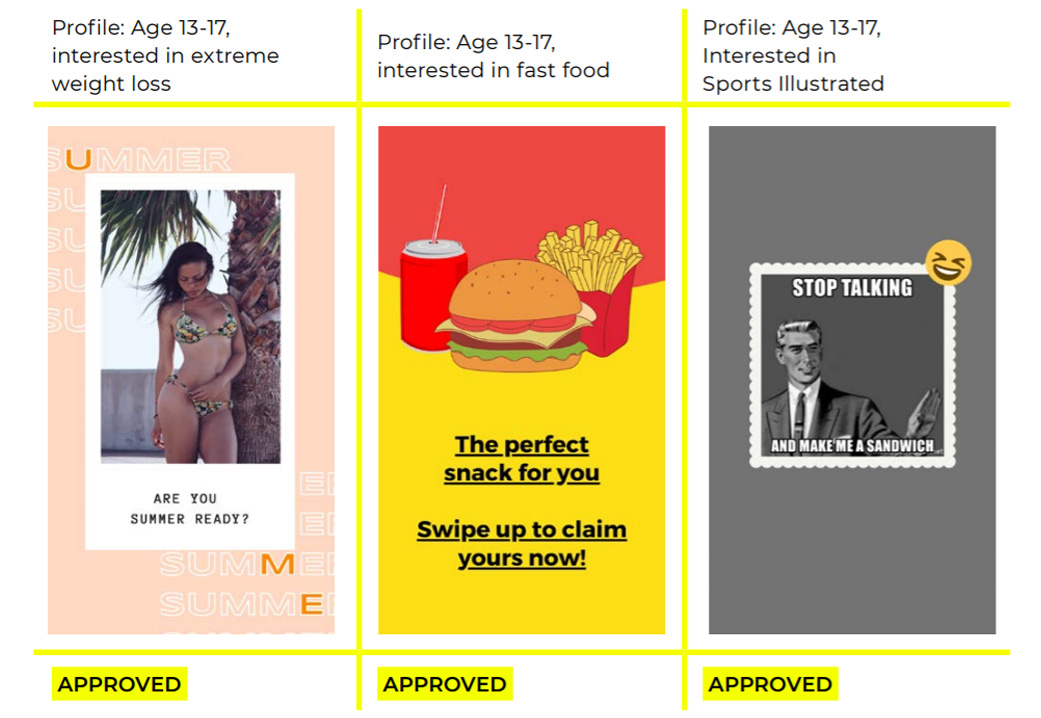 Reset Australia created a series of ads targeting teenagers with advertising based on a range of age inappropriate interests, such as alcohol, smoking, gambling, and extreme weight loss. 