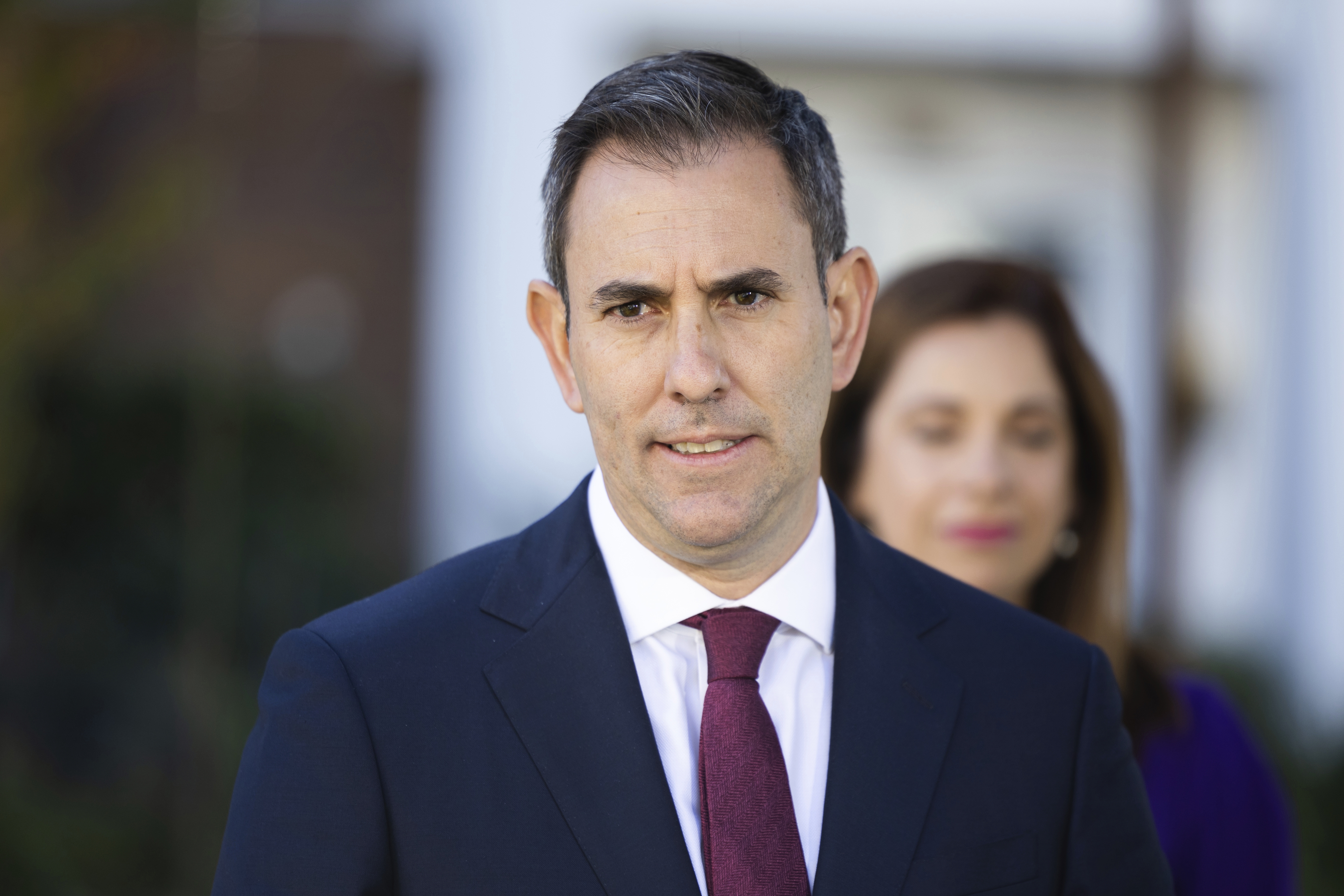 Treasurer Dr Jim Chalmers and Minister for Aged Care and Minister for Sport Anika Wells address the media at a doorstop interview during a visit to Goodwin Village Farrer, in Canberra on Thursday 4 May 2023. fedpol Photo: Alex Ellinghausen