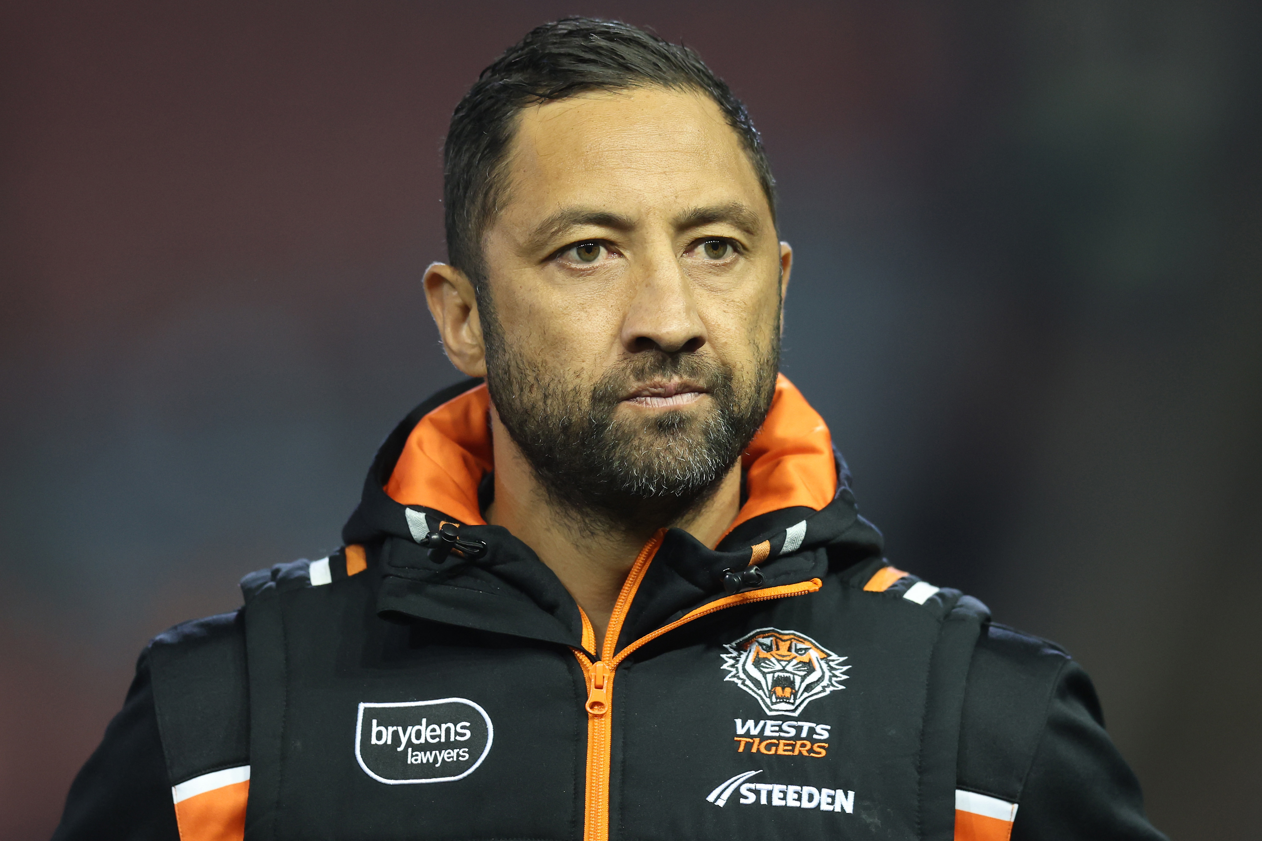 NEWCASTLE, AUSTRALIA - JULY 14: Benji Marshall Assistant Coach of the Tigers pre game during the round 20 NRL match between Newcastle Knights and Wests Tigers at McDonald Jones Stadium on July 14, 2023 in Newcastle, Australia. (Photo by Scott Gardiner/Getty Images)