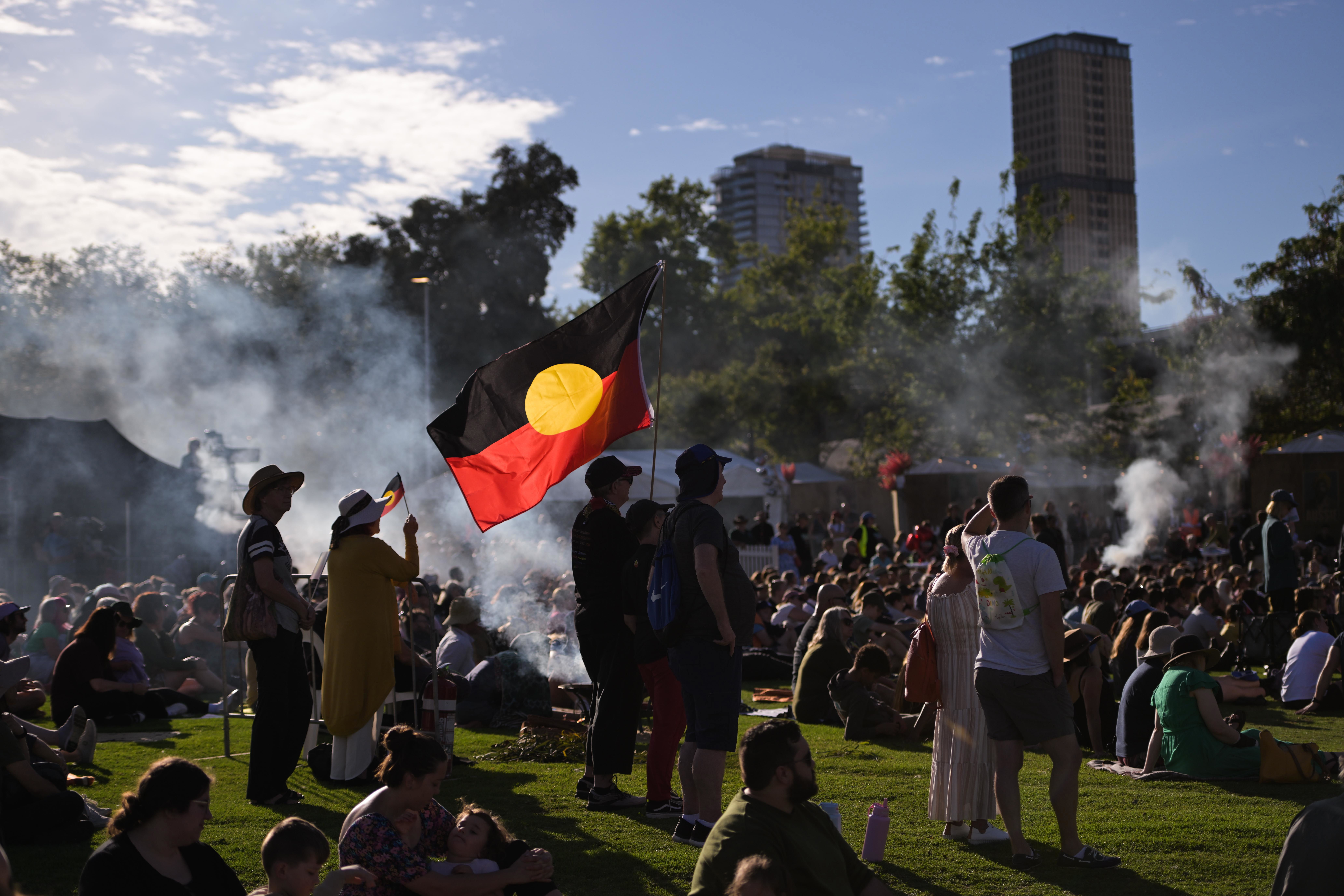 ADELAIDE, AUSTRALIA - JANUARY 26: People attend the 2025 Mourning in the Morning Smoking Ceremony at Elder Park/Tarntanya Wama on January 26, 2025 in Adelaide, Australia. Australia Day, formerly known as Foundation Day, is the official national day of Australia and is celebrated annually on January 26 to commemorate the arrival of the First Fleet to Sydney in 1788. Many indigenous Australians refer to the day as 'Invasion Day' and there is a small but growing movement to change the date amid bro