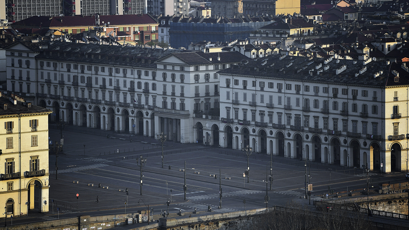 Empty buildings and streets in Turin during the lockdown due to the coronavirus.