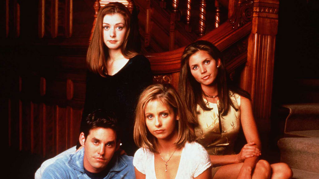  Alyson Hannigan as Willow Rosenberg, Charisma Carpenter as Cordelia Chase, Sarah Michelle Gellar as Buffy and Nicholas Brendon as Xander Harris. (Supplied)