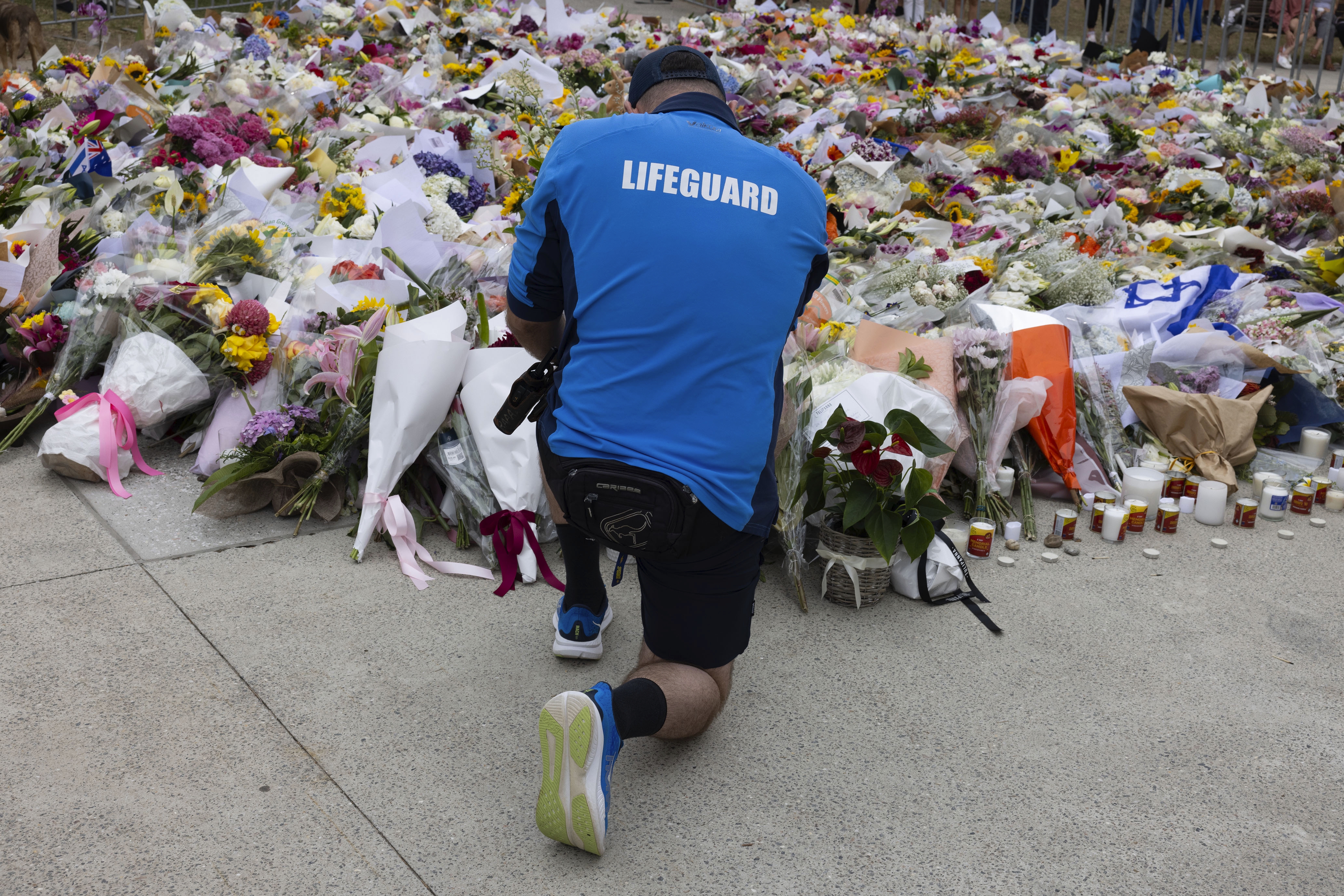 A surf lifesaver places flowers at the memorial for the Bondi Beach shootings in front of the Bondi Beach Pavillion, Bondi Beach, Sydney, 16 December 2025.. Photo: Jessica Hromas